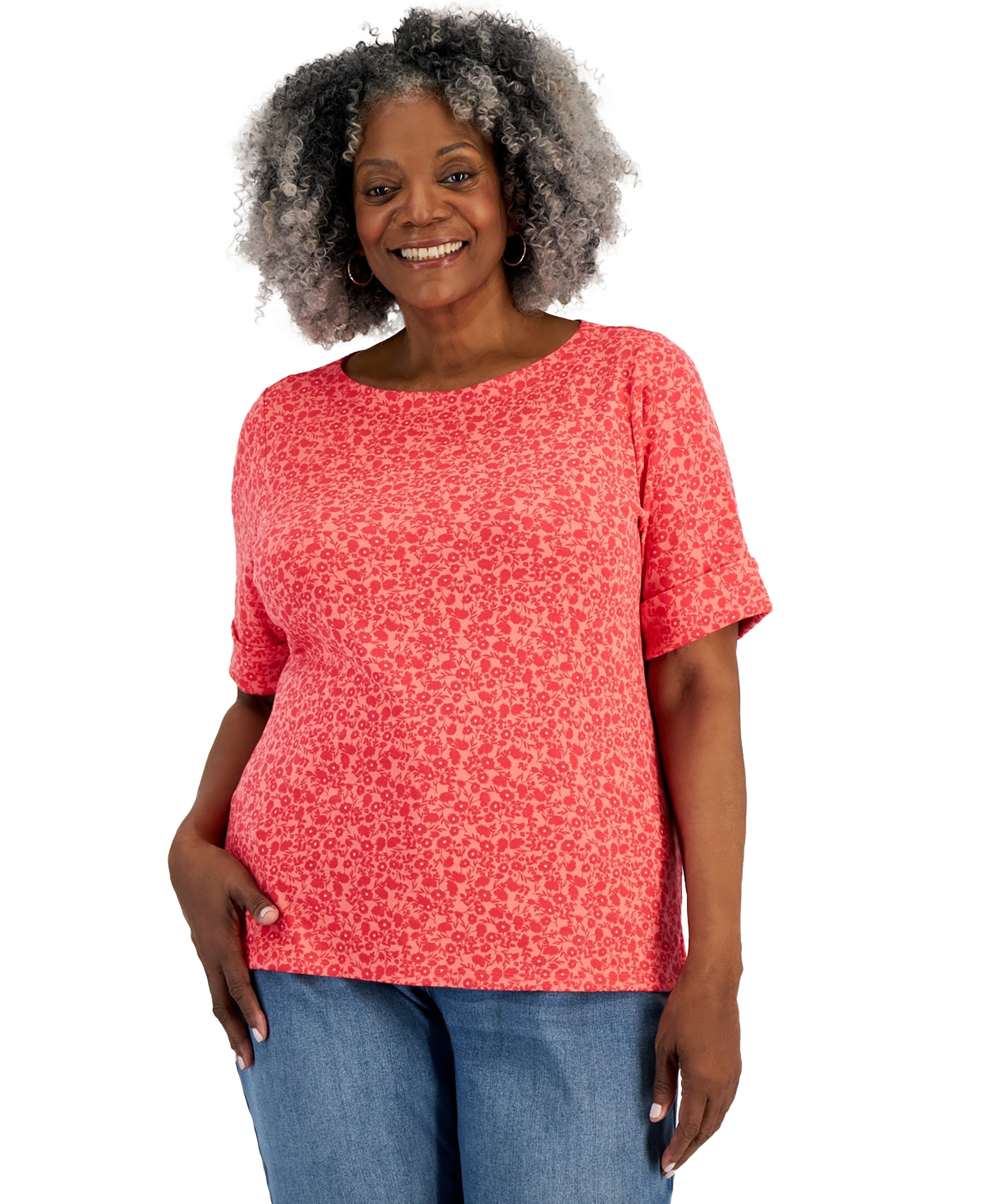 Plus Size Printed Elbow-Sleeve Top Garden Fresh Coral 2X