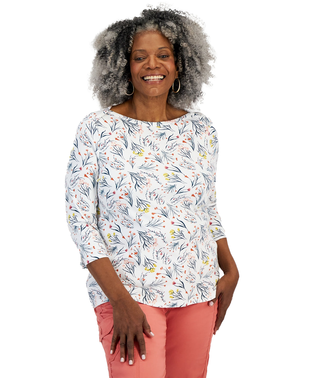 Plus Size Printed Pima Cotton 3/4-Sleeve Top
