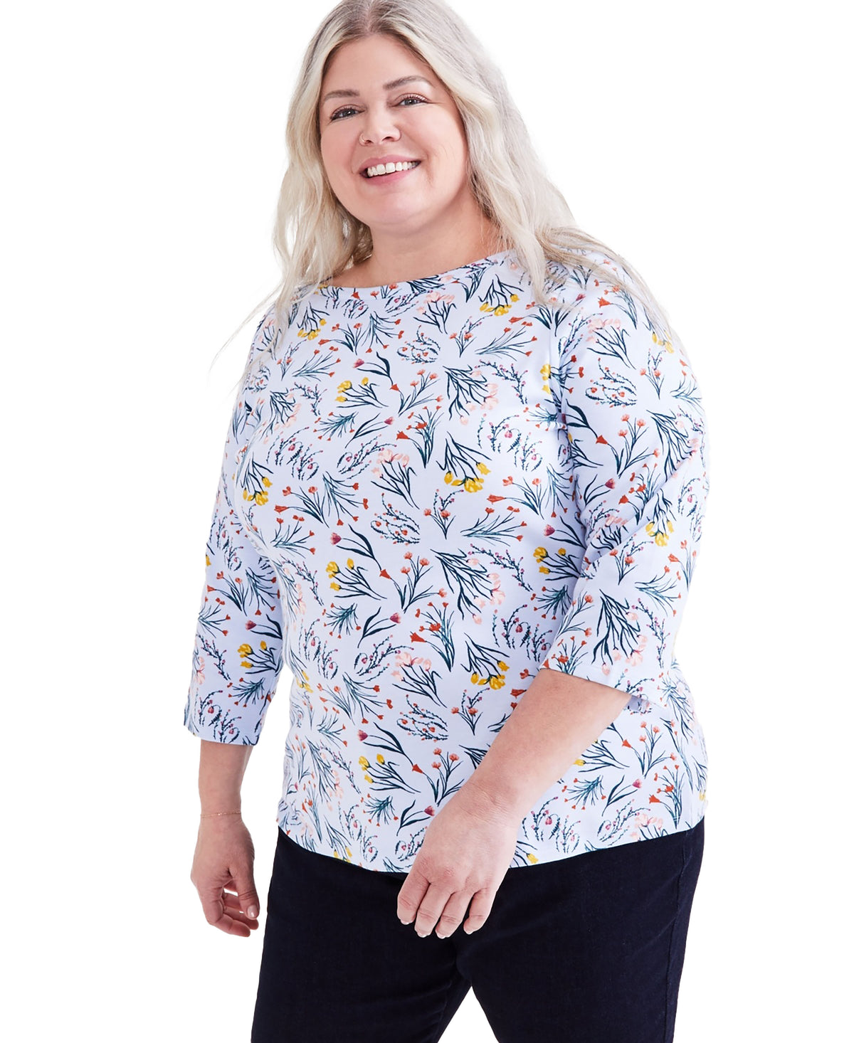 Plus Size Printed Pima Cotton 3/4-Sleeve Top
