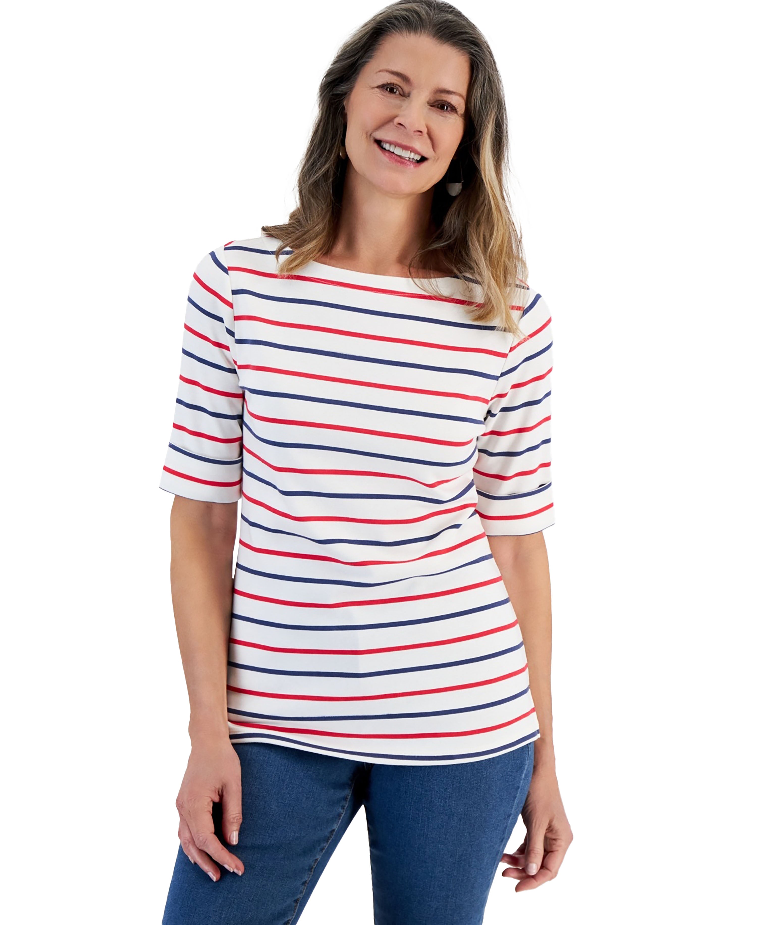 Petite Striped Boat-Neck Elbow-Sleeve Top