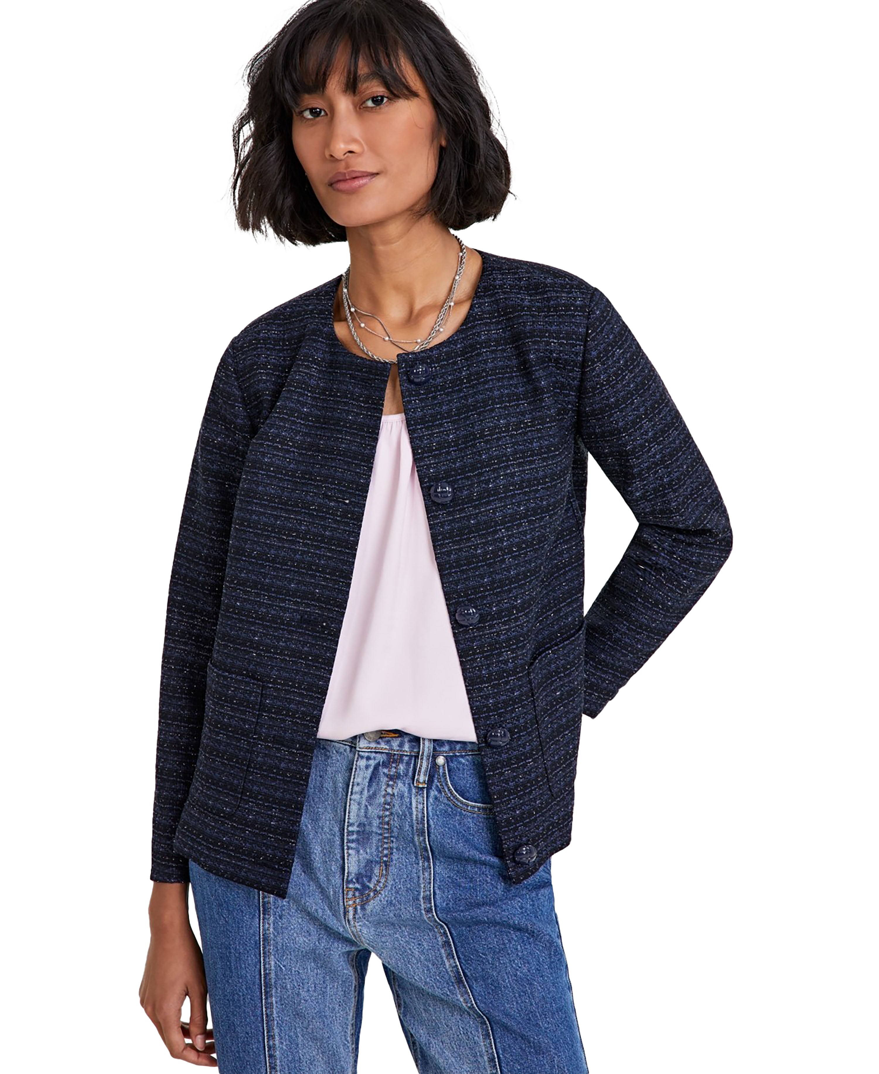 Women's Tweed Collarless Jacket Blue Tweed Combo XL