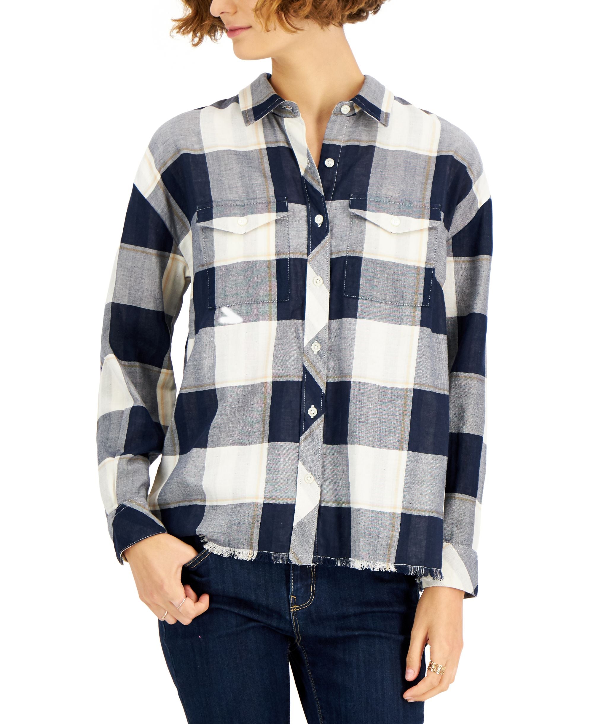 Style & Co Cotton Plaid Fringed Shirt