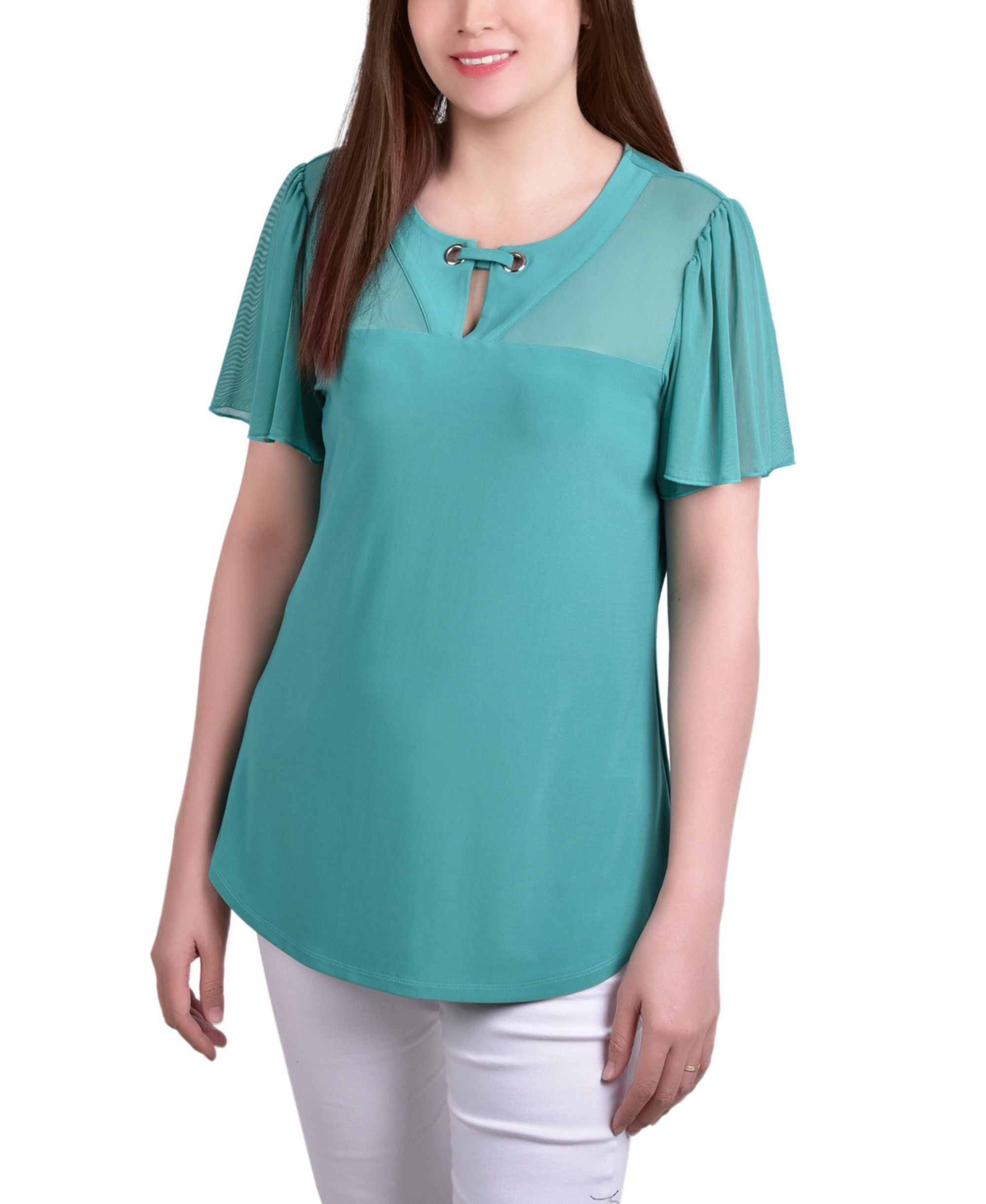 Petite Short Flutter Sleeve Pullover Top With Mesh Yoke Grommets