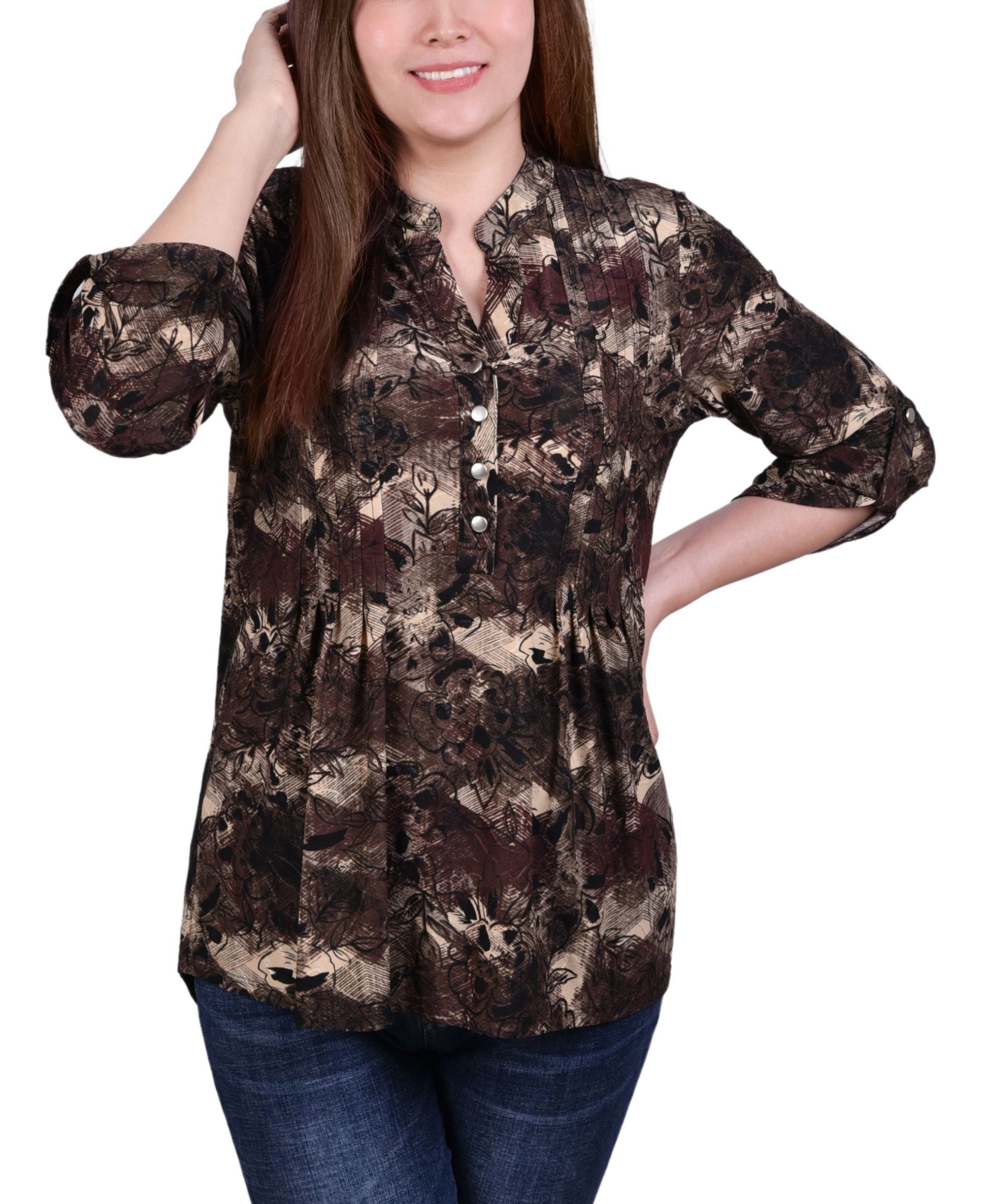 Petite 3/4 Roll Tab Sleeve Y Neck Top