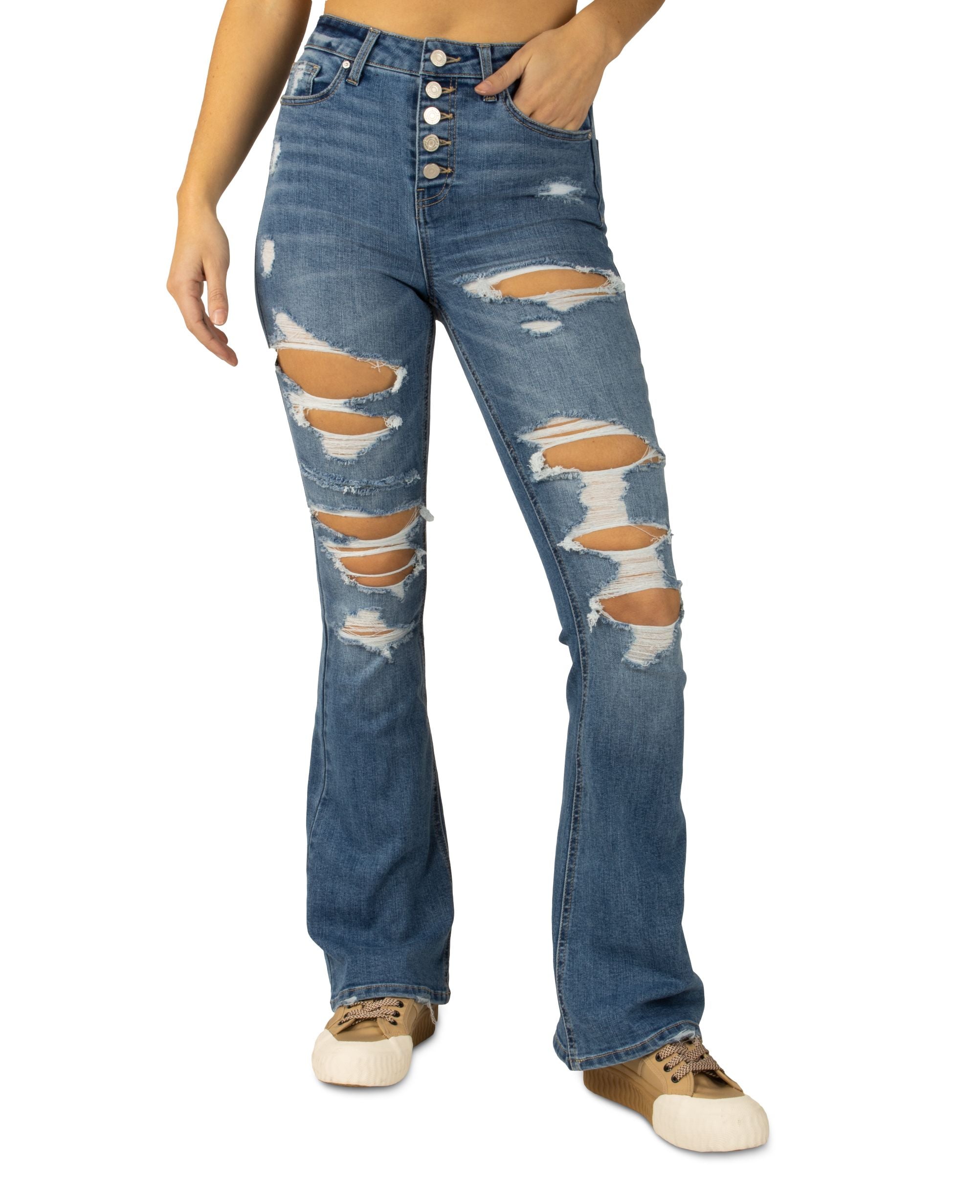 Juniors' High-Rise Exposed-Button Flare-Leg Denim Jeans