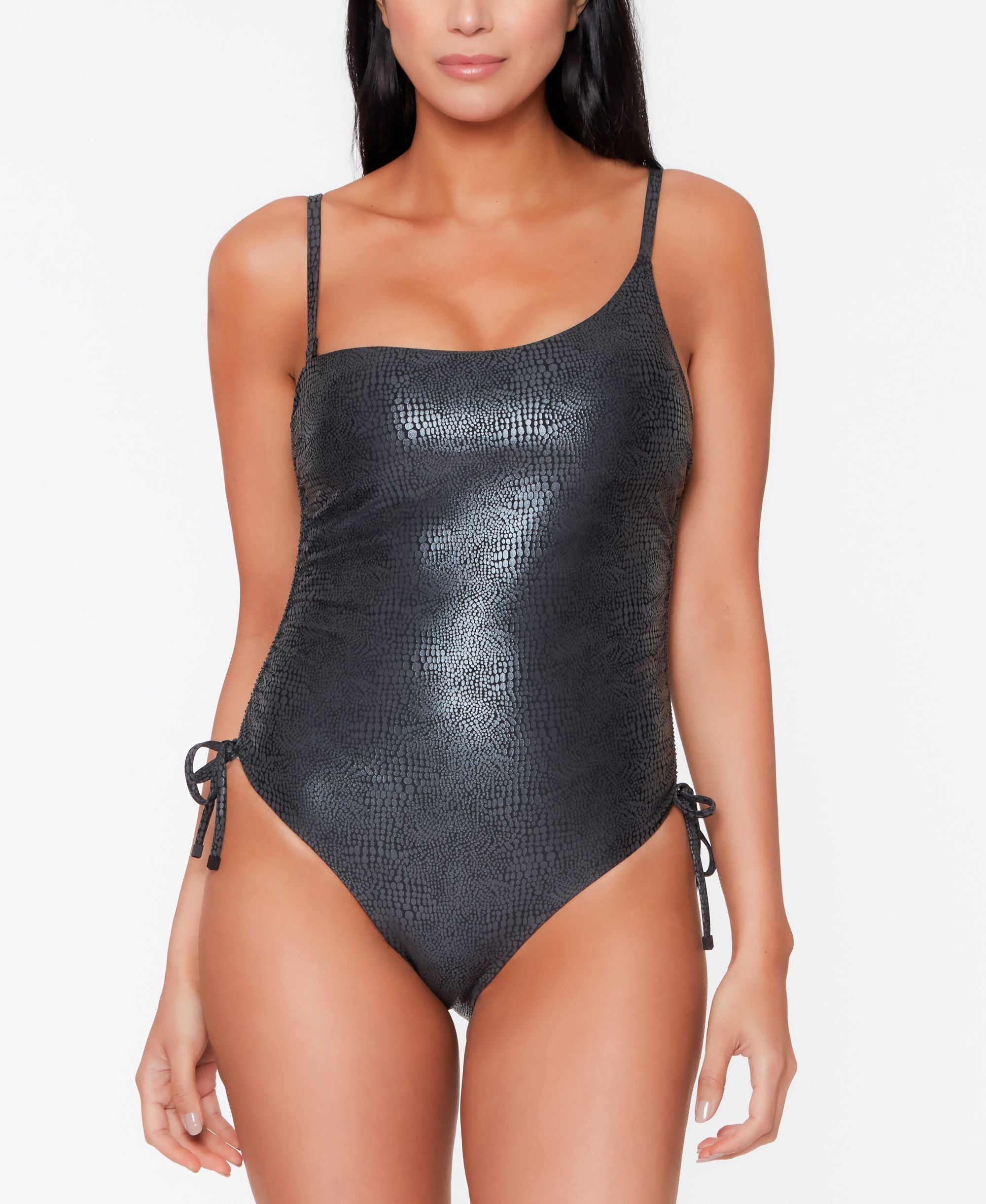 Faux Snakeskin One-Shoulder One-Piece Swimsuit