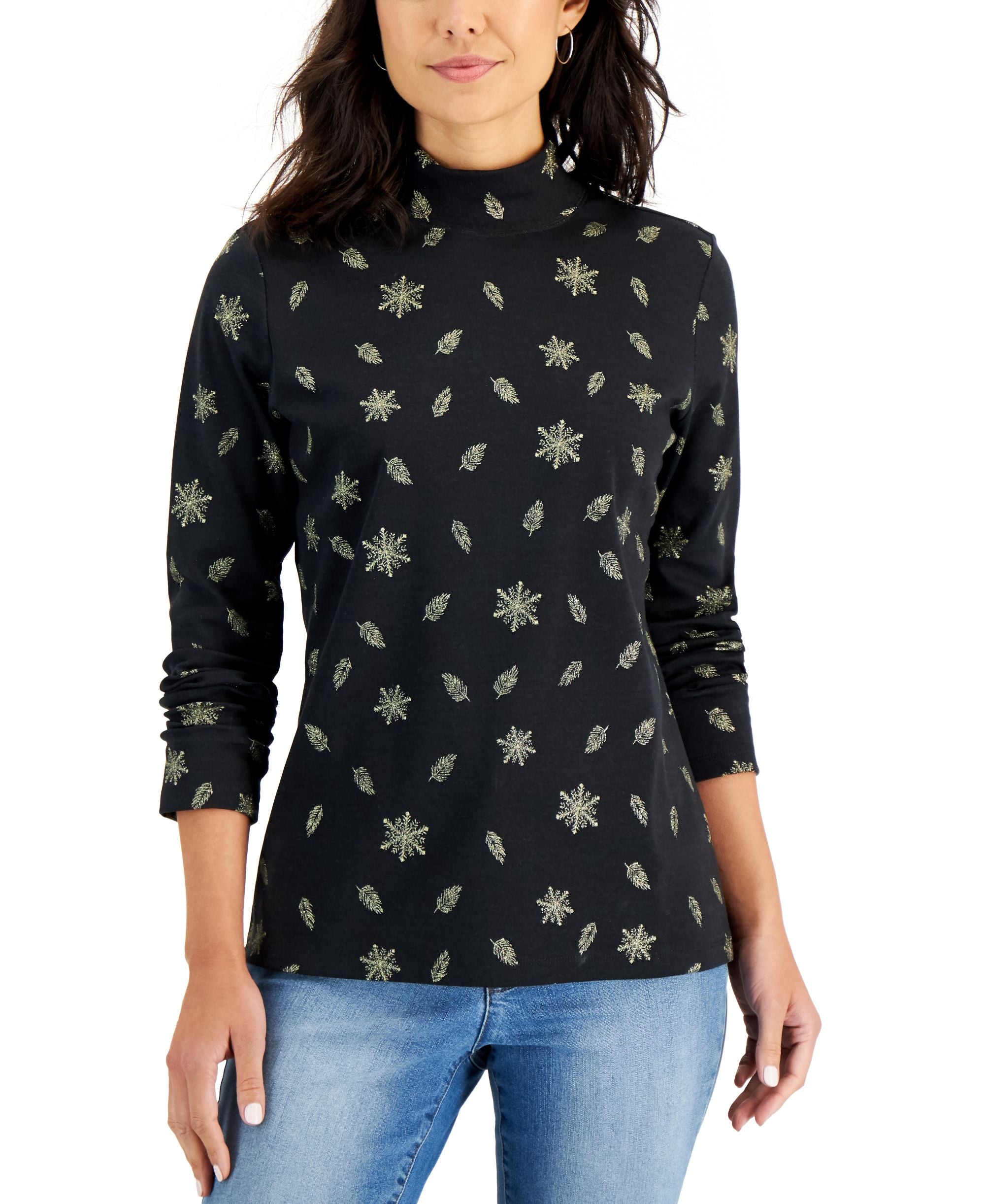 Karen Scott Metallic Embroidered Mock Neck Top