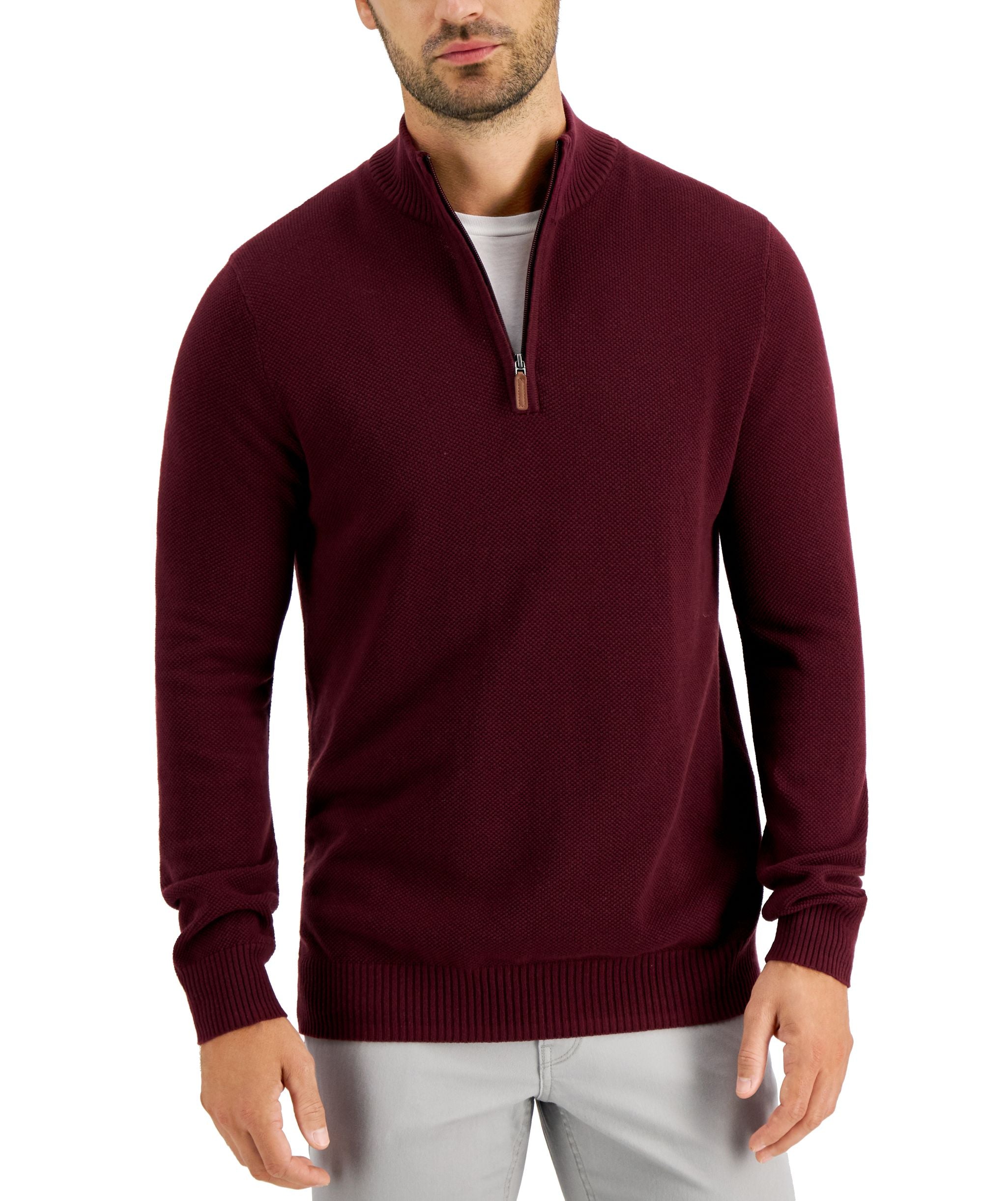 Club Room Mens Quarter Zip Textured Cotton Sweater