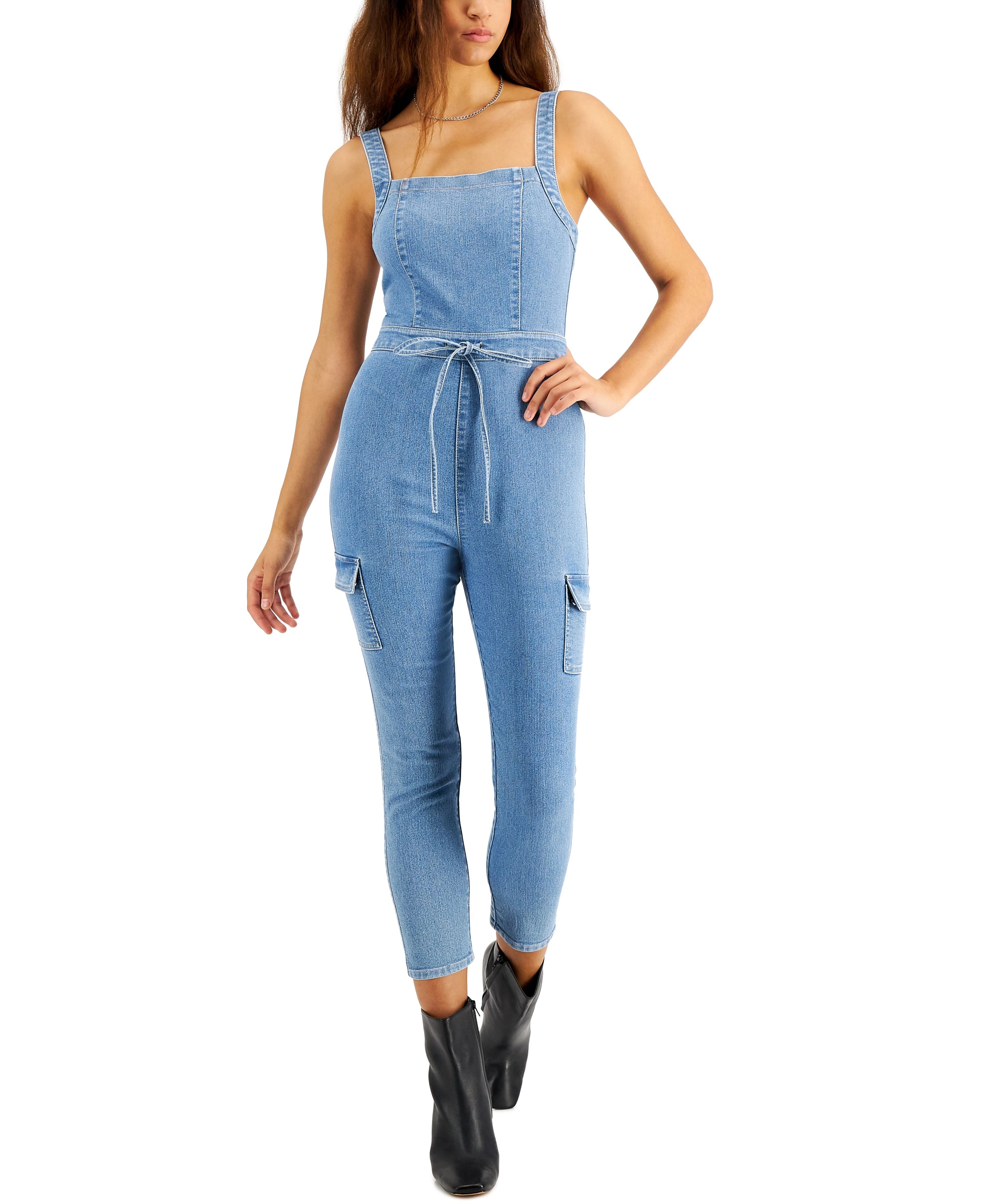 Juniors' Belted Denim Jumpsuit