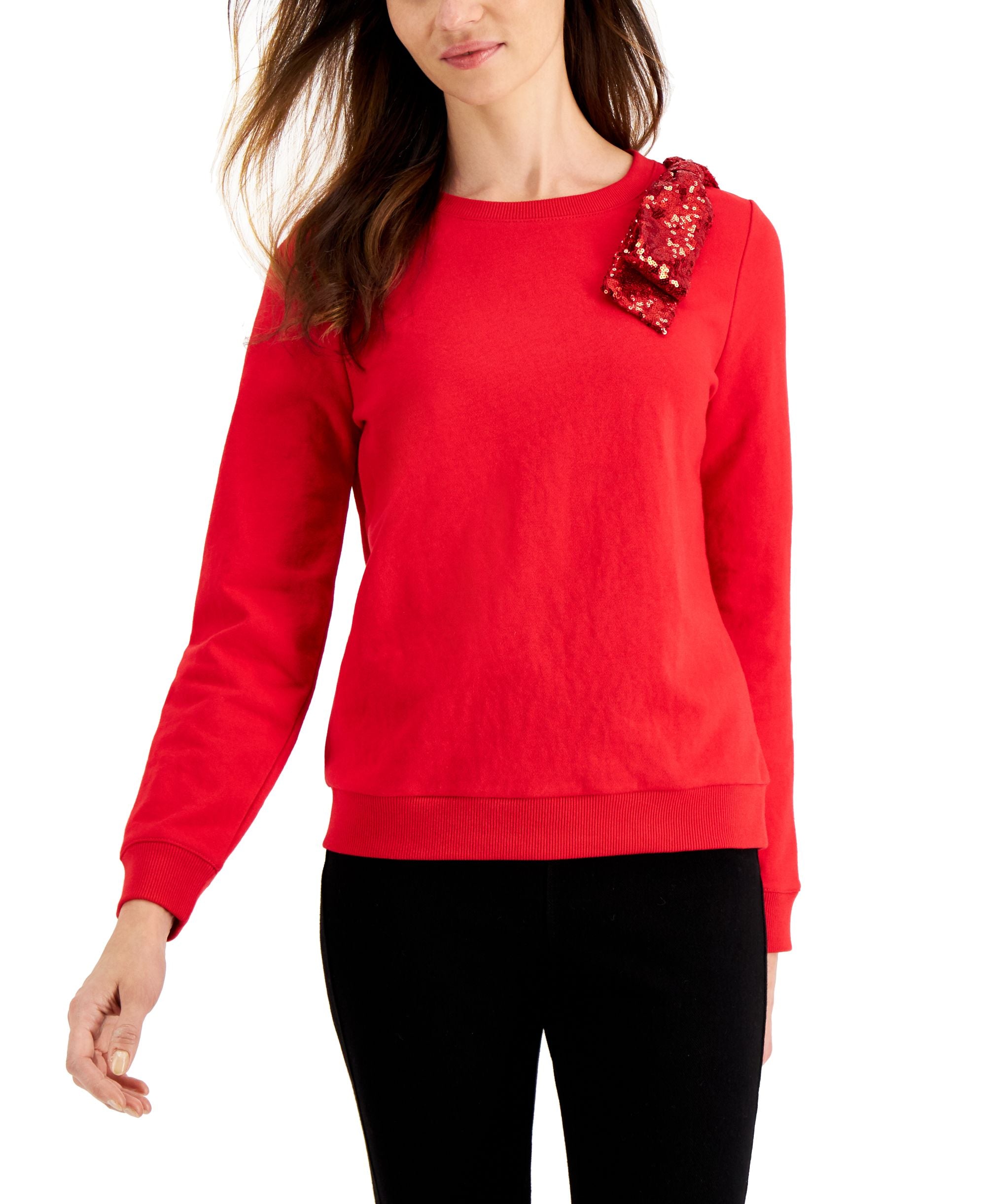 Charter Club Sequined Bow Long Sleeve Top