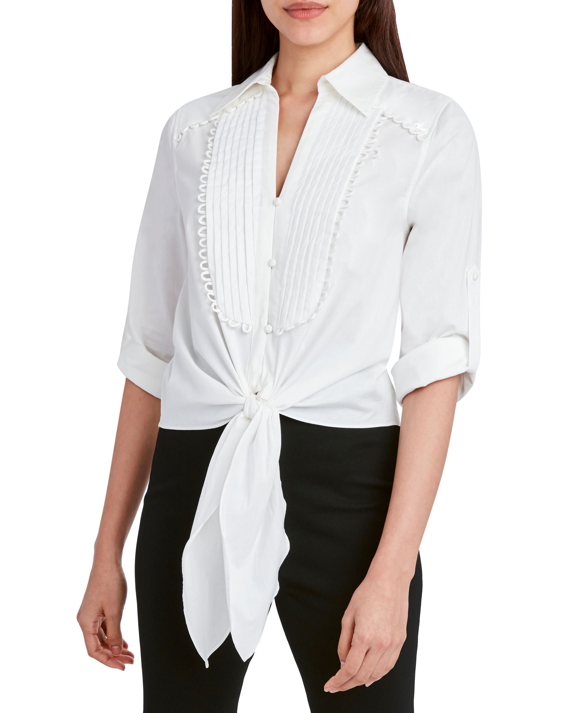 Tie Front Pleated Neckline Top