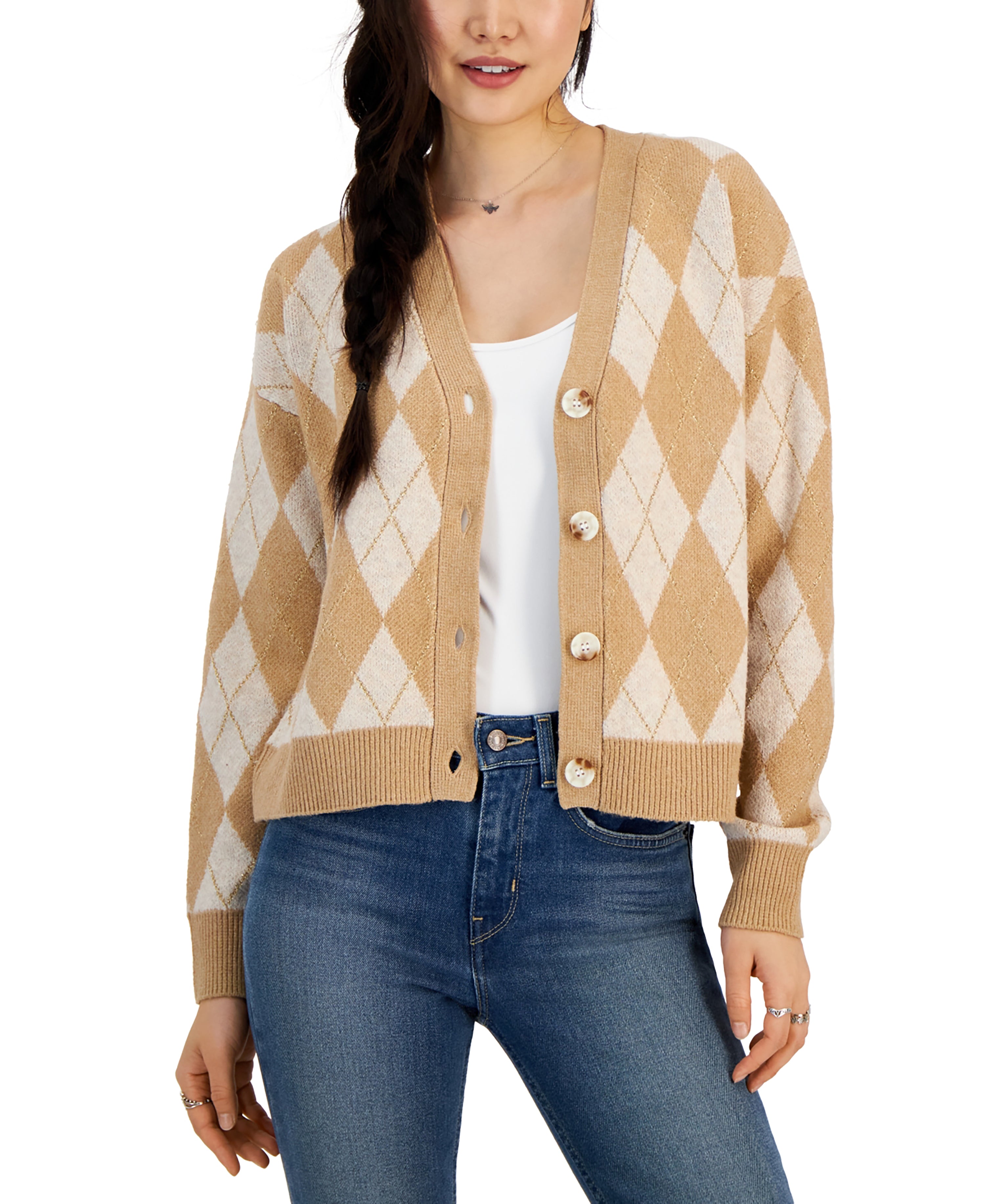 Juniors' Metallic Argyle V-Neck Cardigan