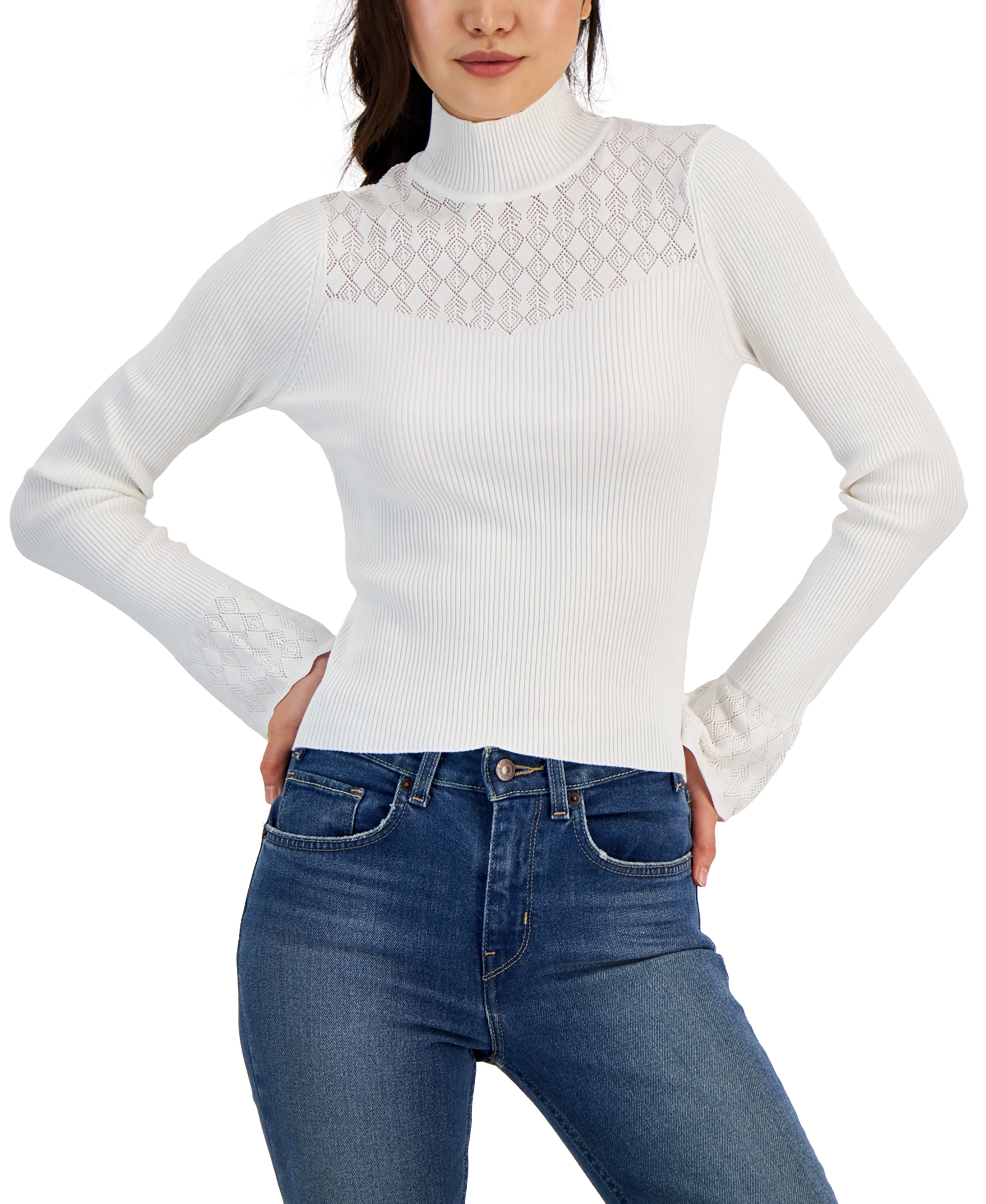 Juniors' Pointelle-Trim Fitted Turtleneck Sweater