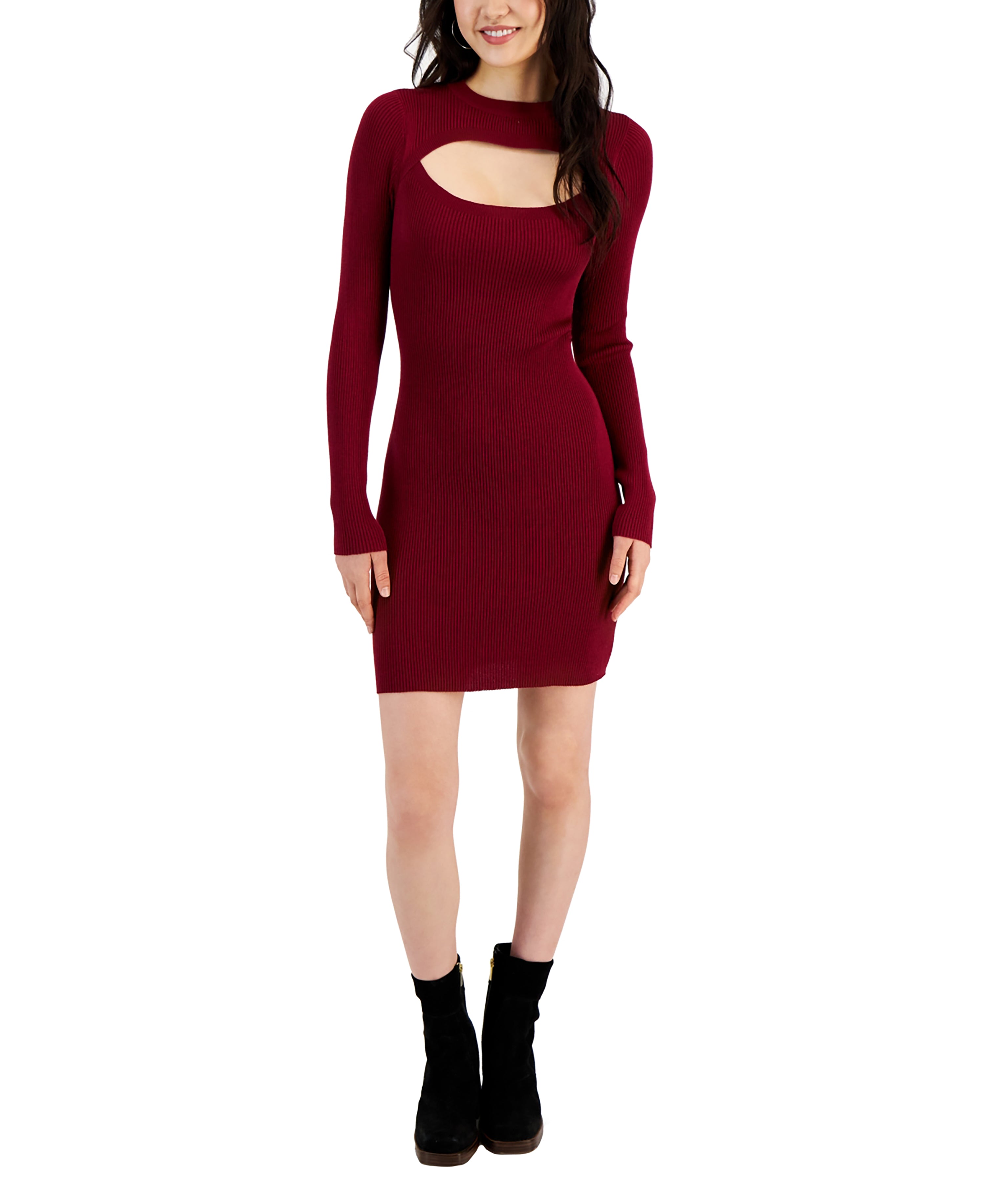 Juniors' Rib-Knit Cutout-Neck Mini Sweater Dress