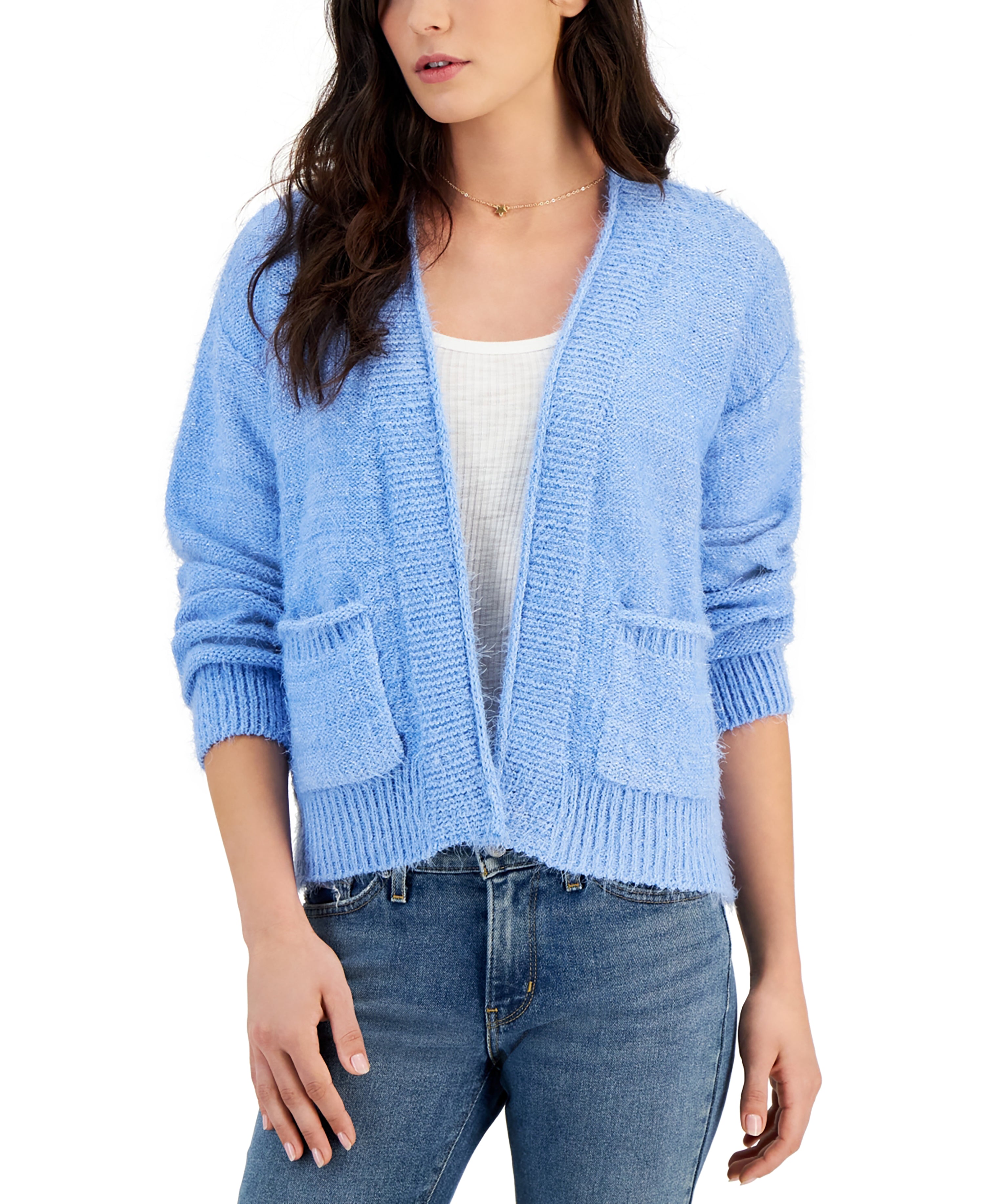 Juniors' Open-Front Lurex Eyelash-Knit Cardigan
