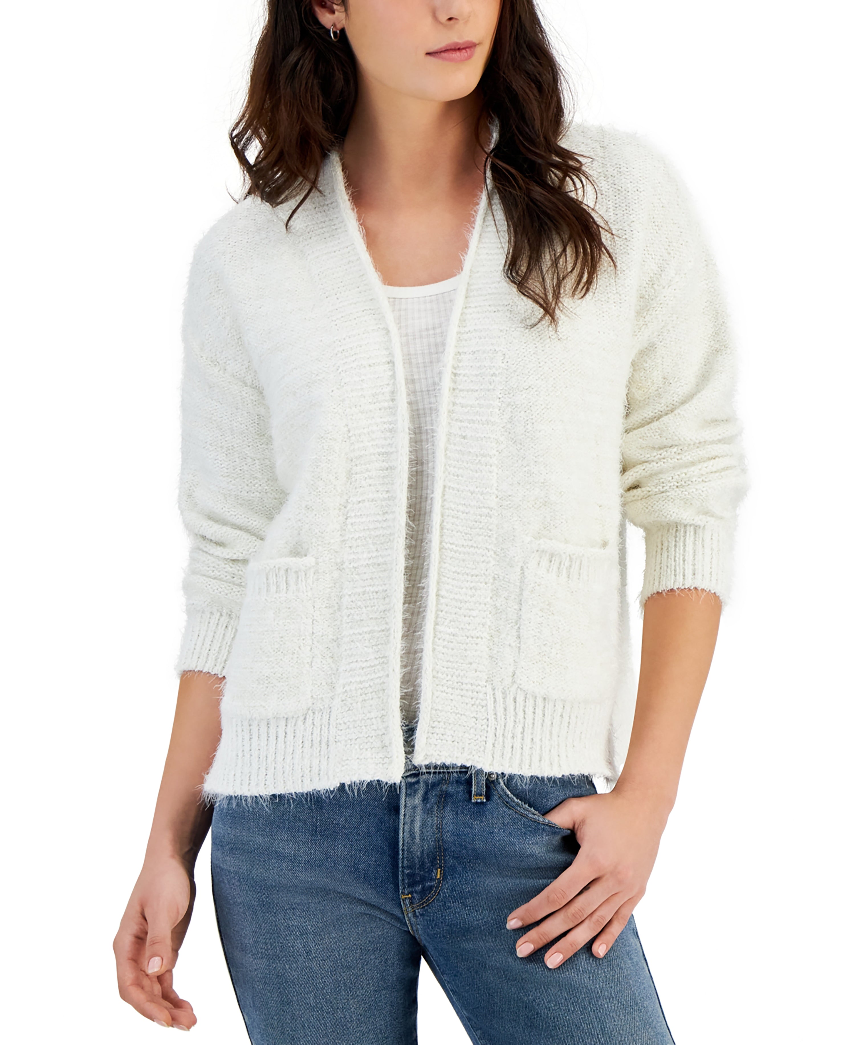 Juniors' Open-Front Lurex Eyelash-Knit Cardigan