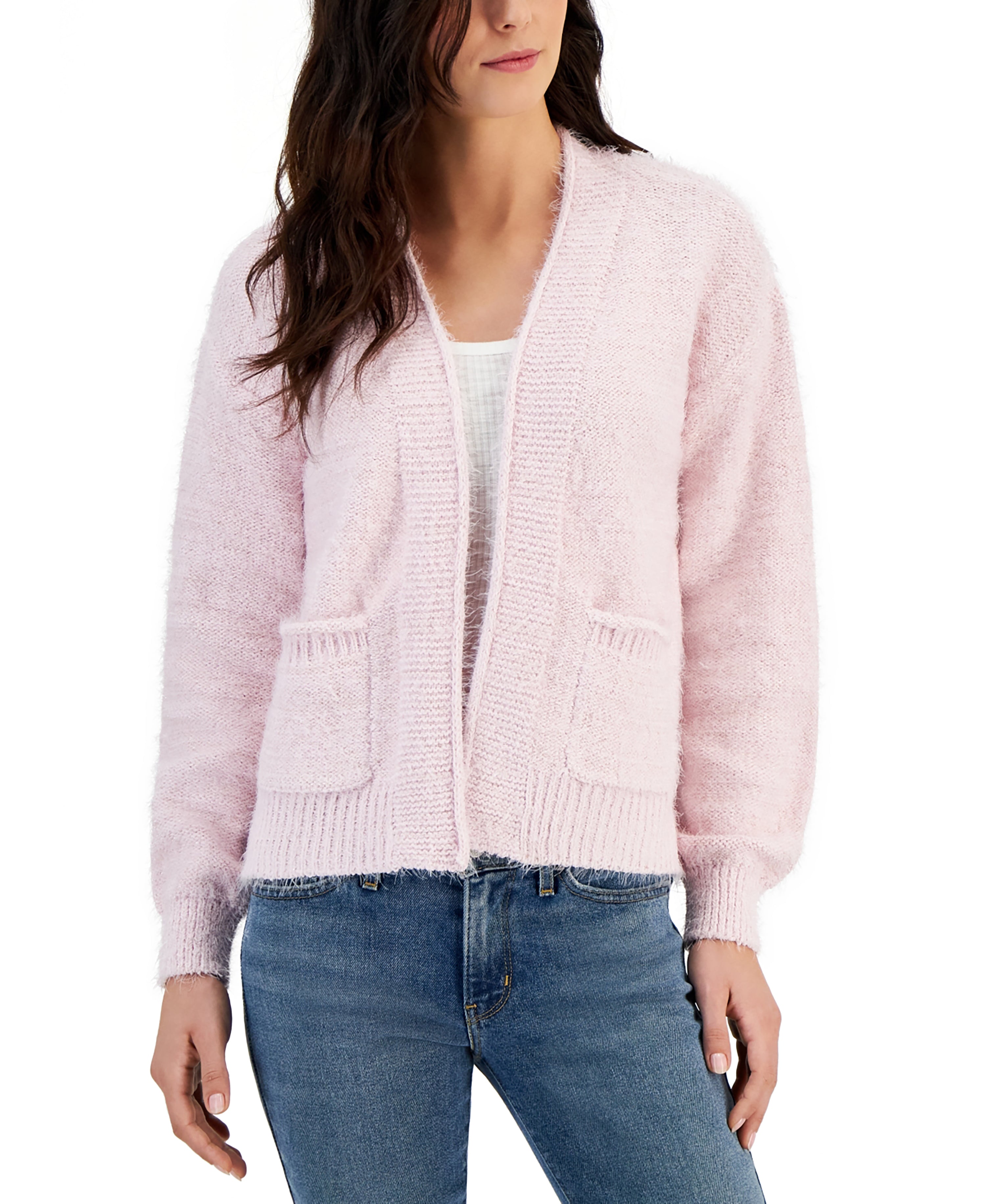 Juniors' Open-Front Lurex Eyelash-Knit Cardigan