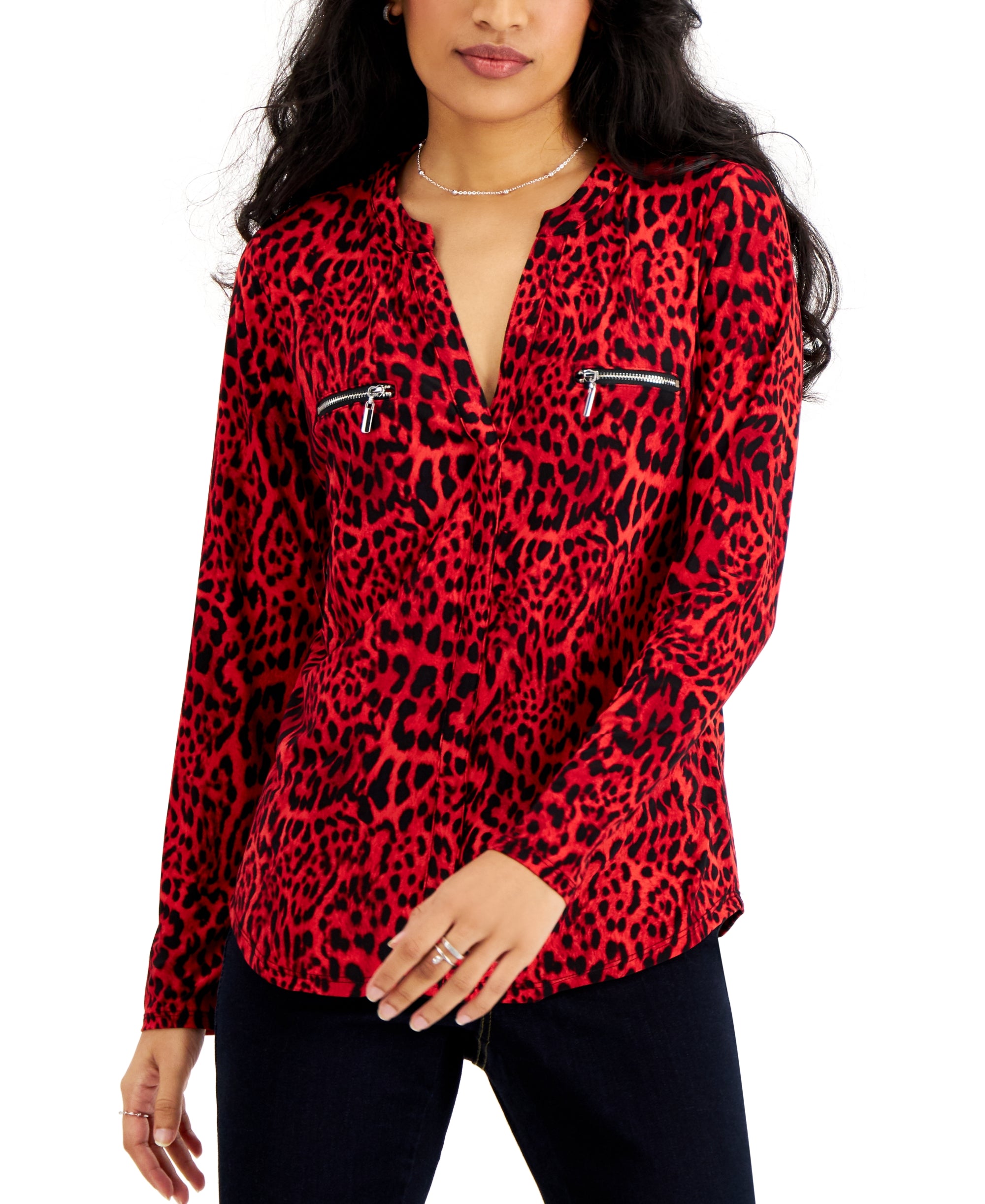 INC International Concepts Womens Print Zip Pocket Top