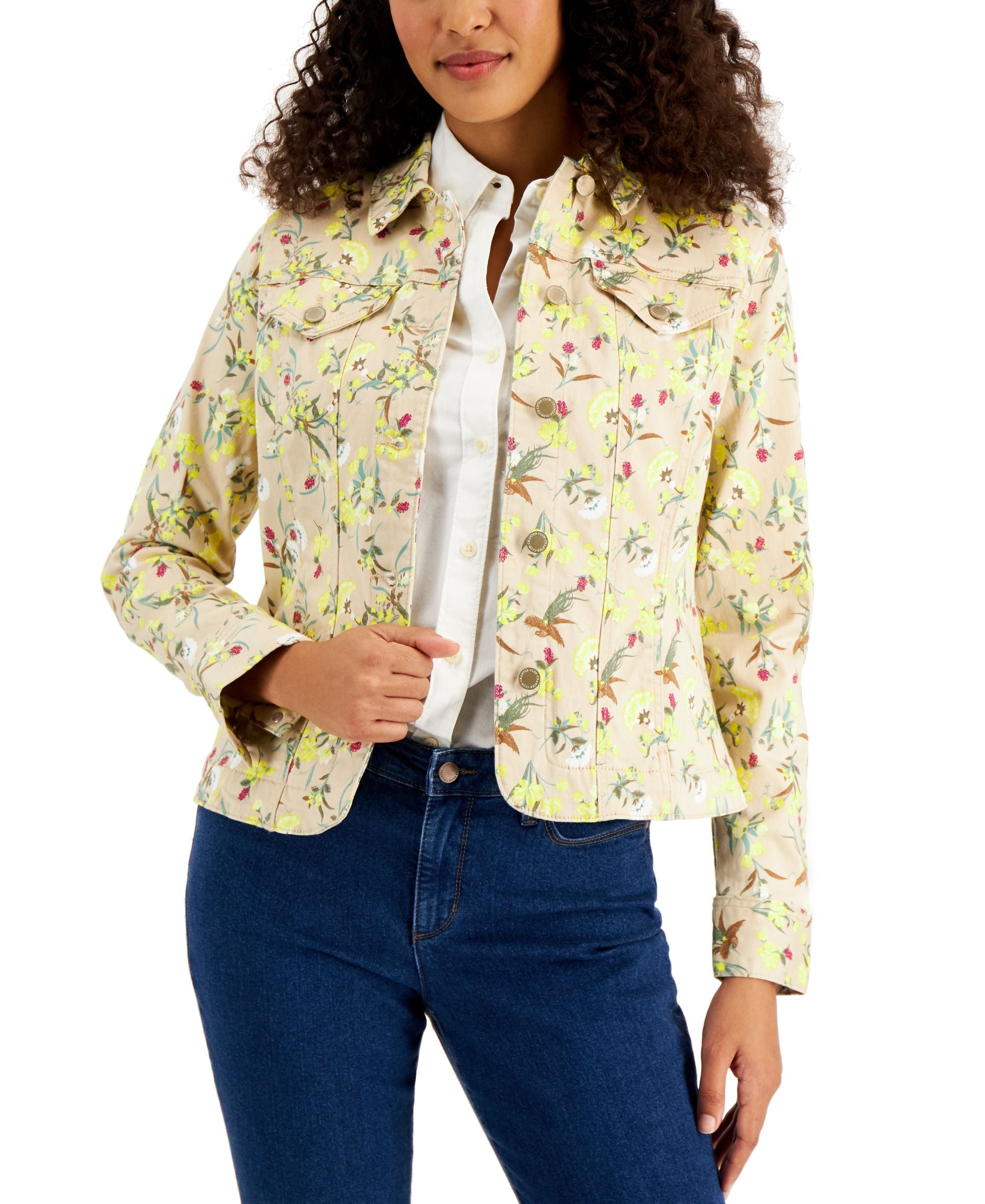 Charter Club Lush Garden Printed Denim Jacket