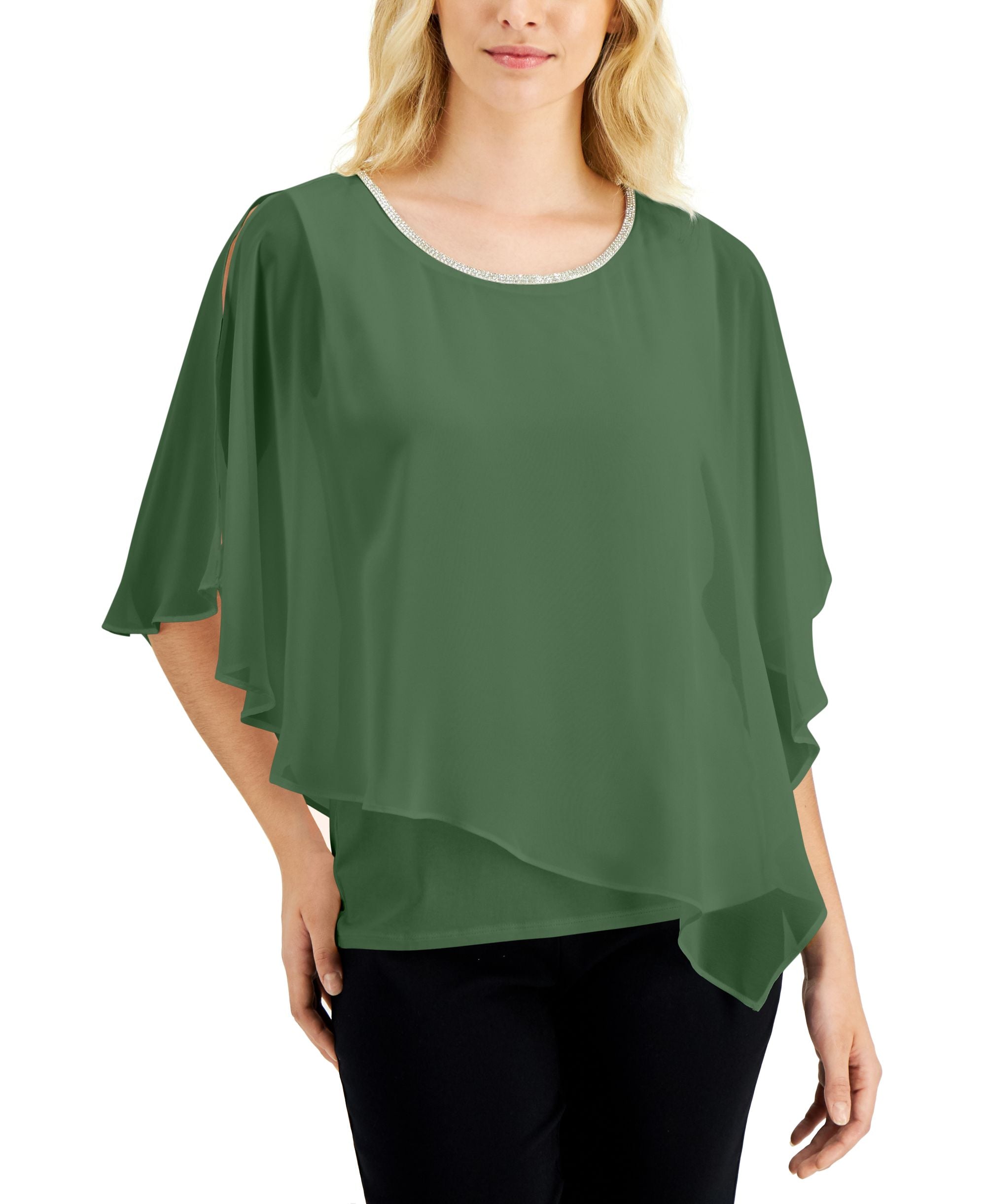 JM Collection Rhinestone Sheer Overlay Top