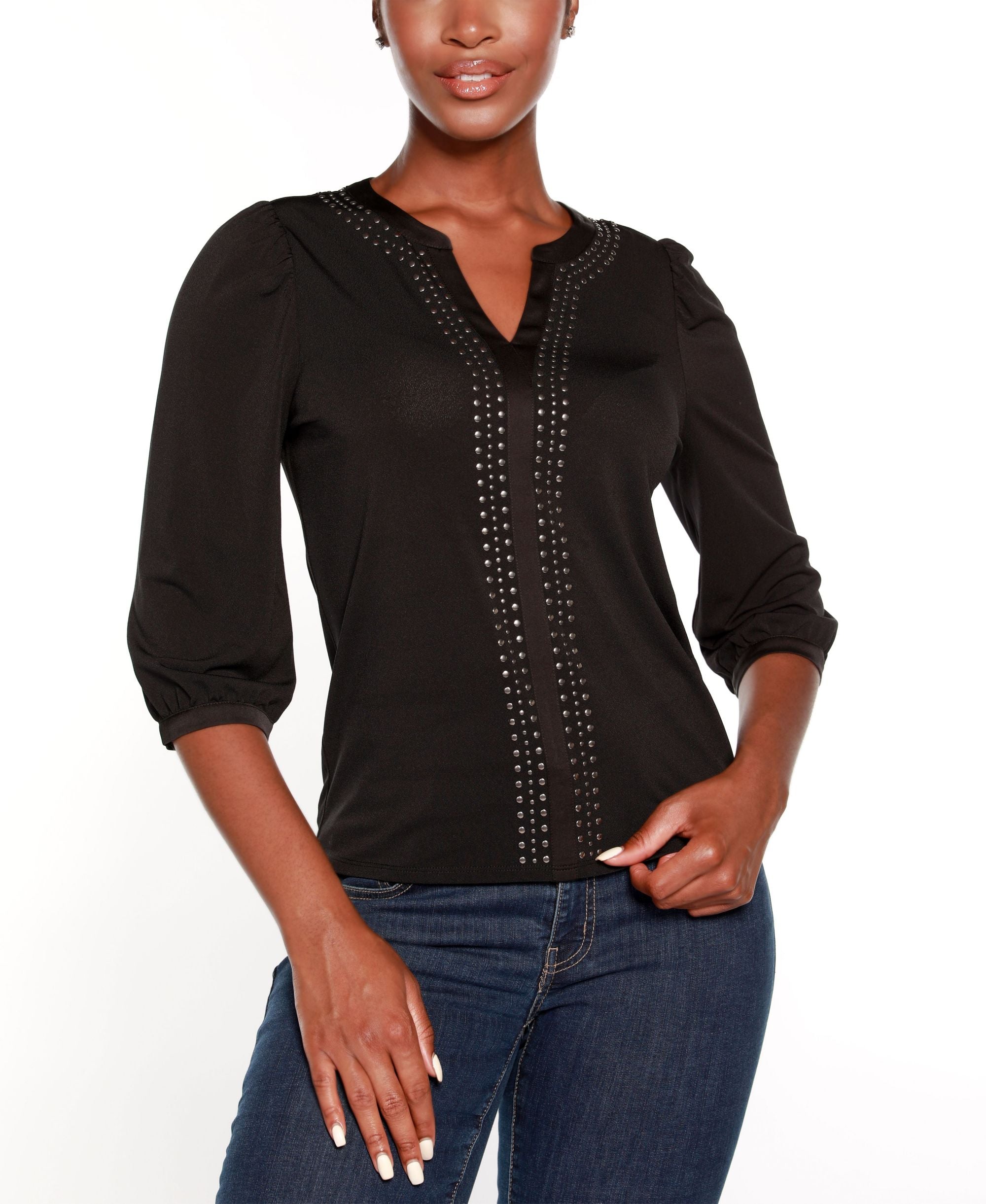 Belldini Black Label Petite Embellished Split Neck Top