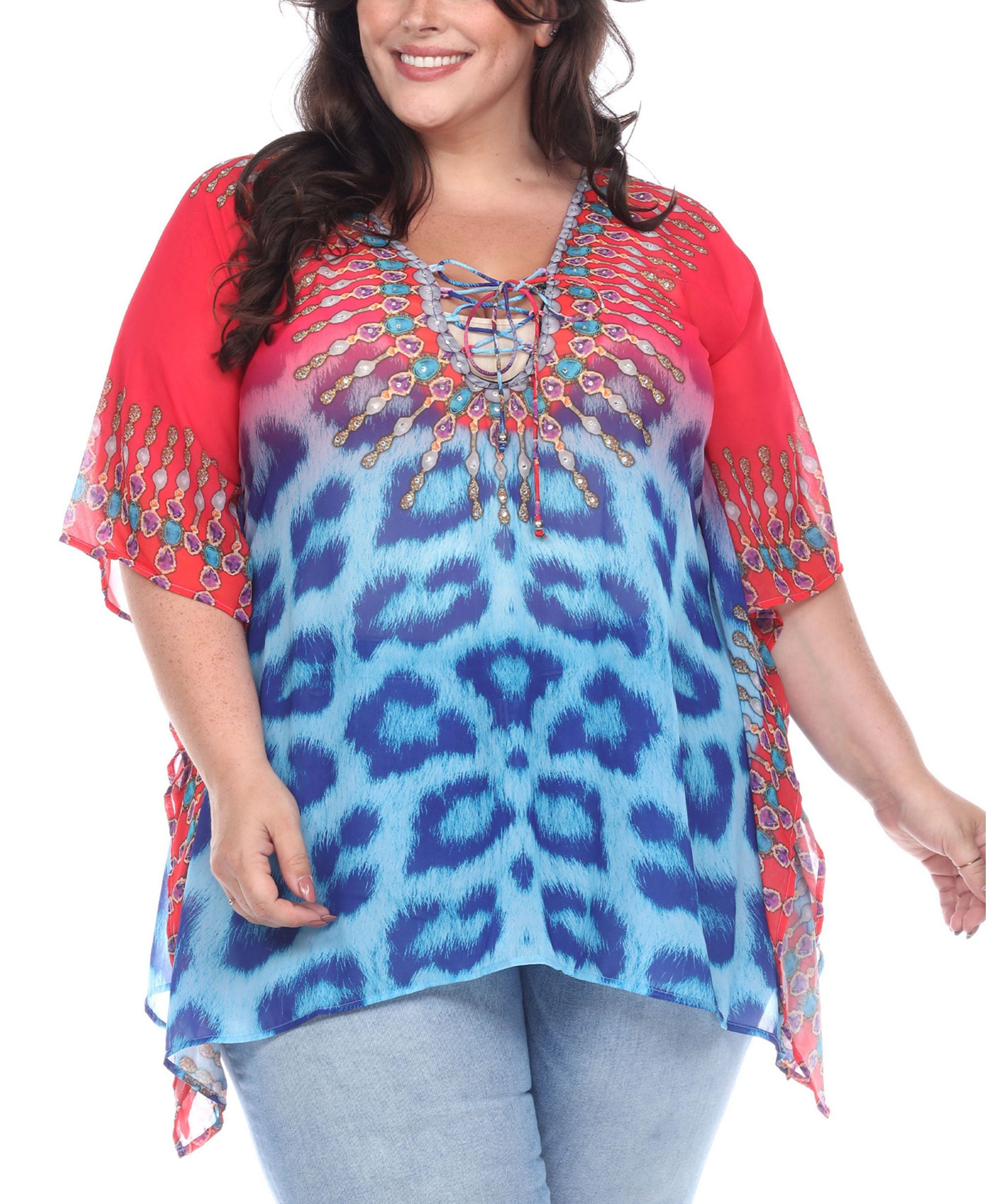 Plus Size Animal Print Caftan with Tie-Up Neckline