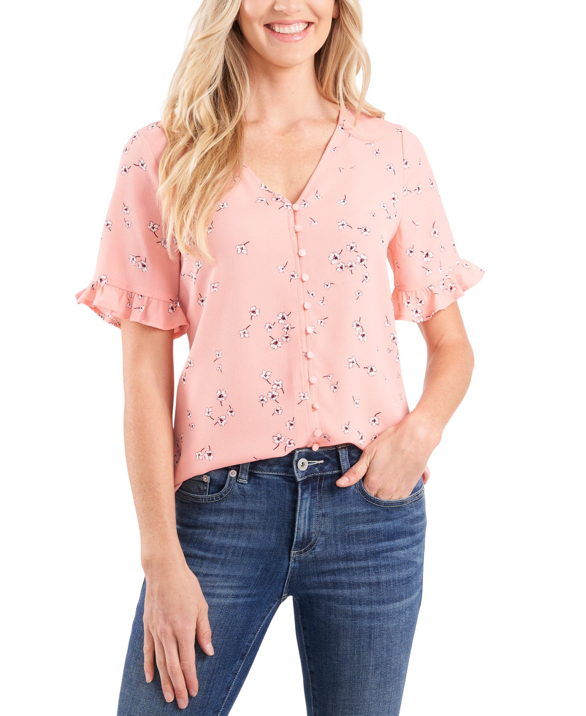Cece Cascading Florets Ruffled Sleeve Top
