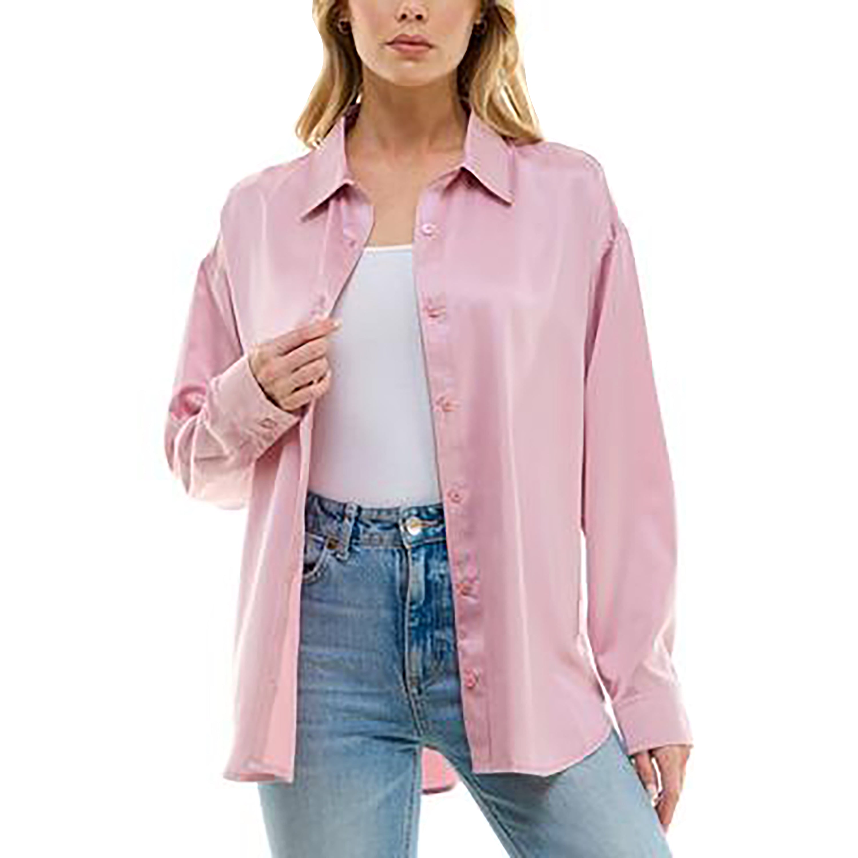 Juniors' Button-Front Satin Long-Sleeve Shirt