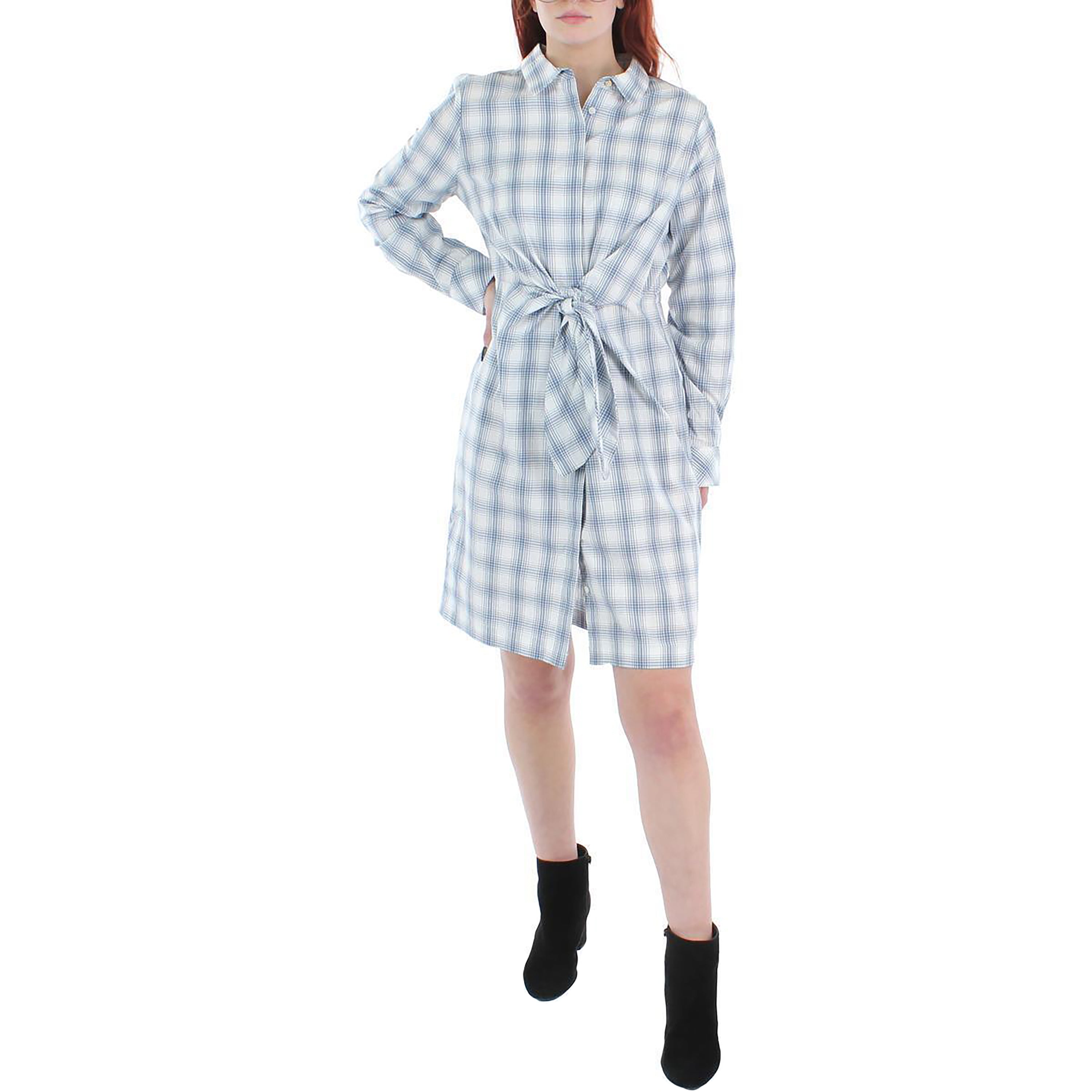 CALVIN KLEIN Womens Pleated Tie Waist Unlined Plaid Cuffed Sleeve Collared Above The Knee Shirt Dress