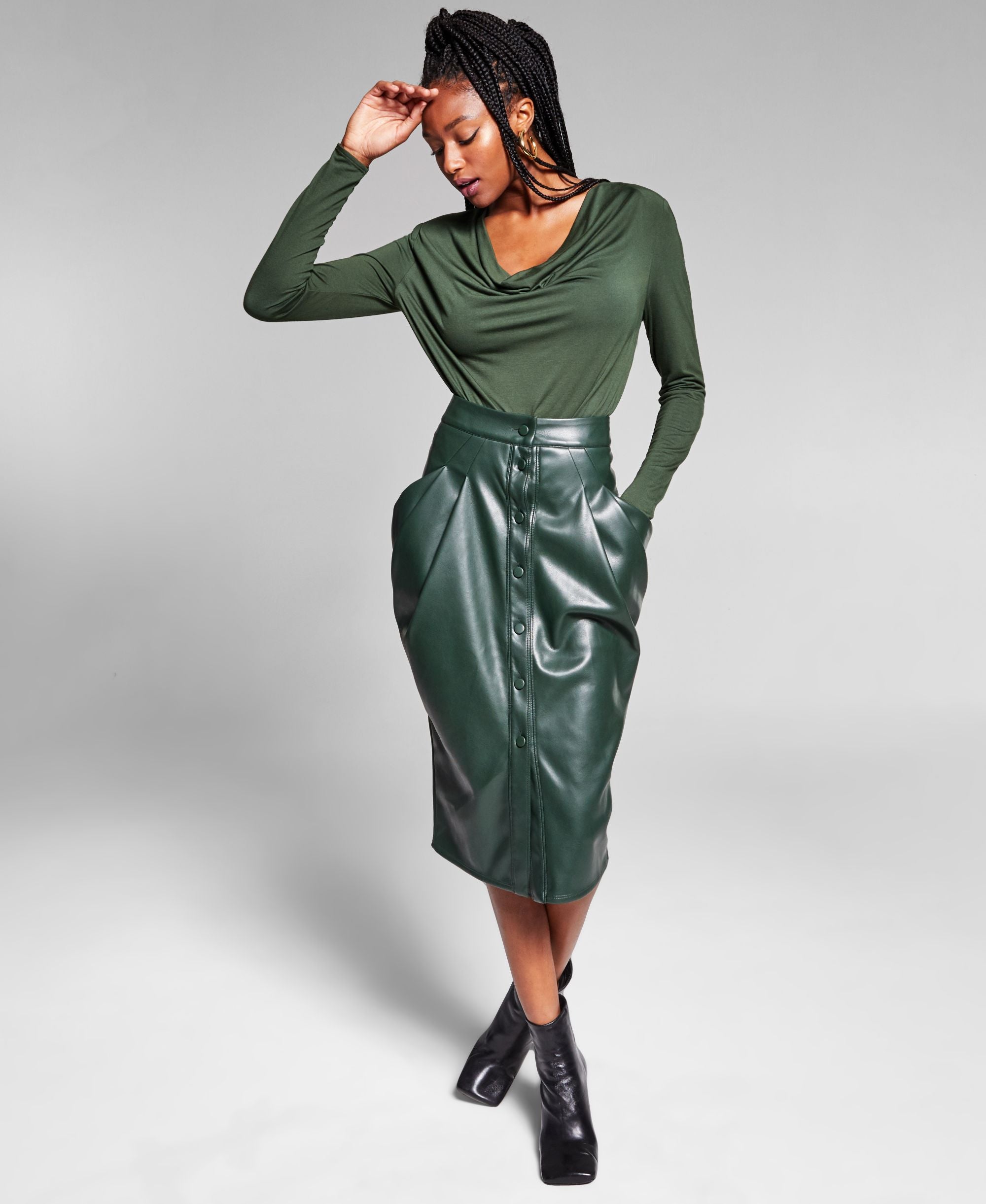 Jeannie Mai X Inc Petite Draped Pleather Skirt
