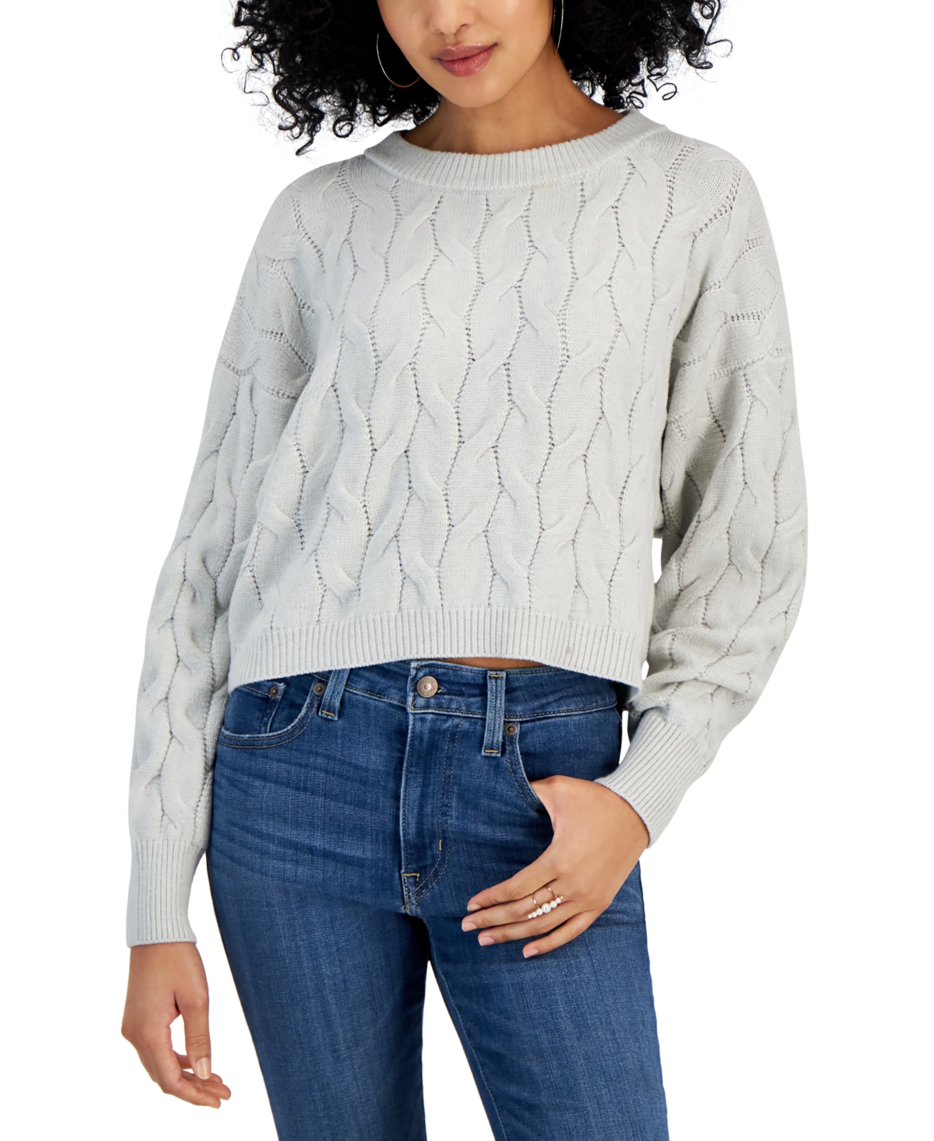 Juniors' Cable-Knit Cropped Crewneck Sweater