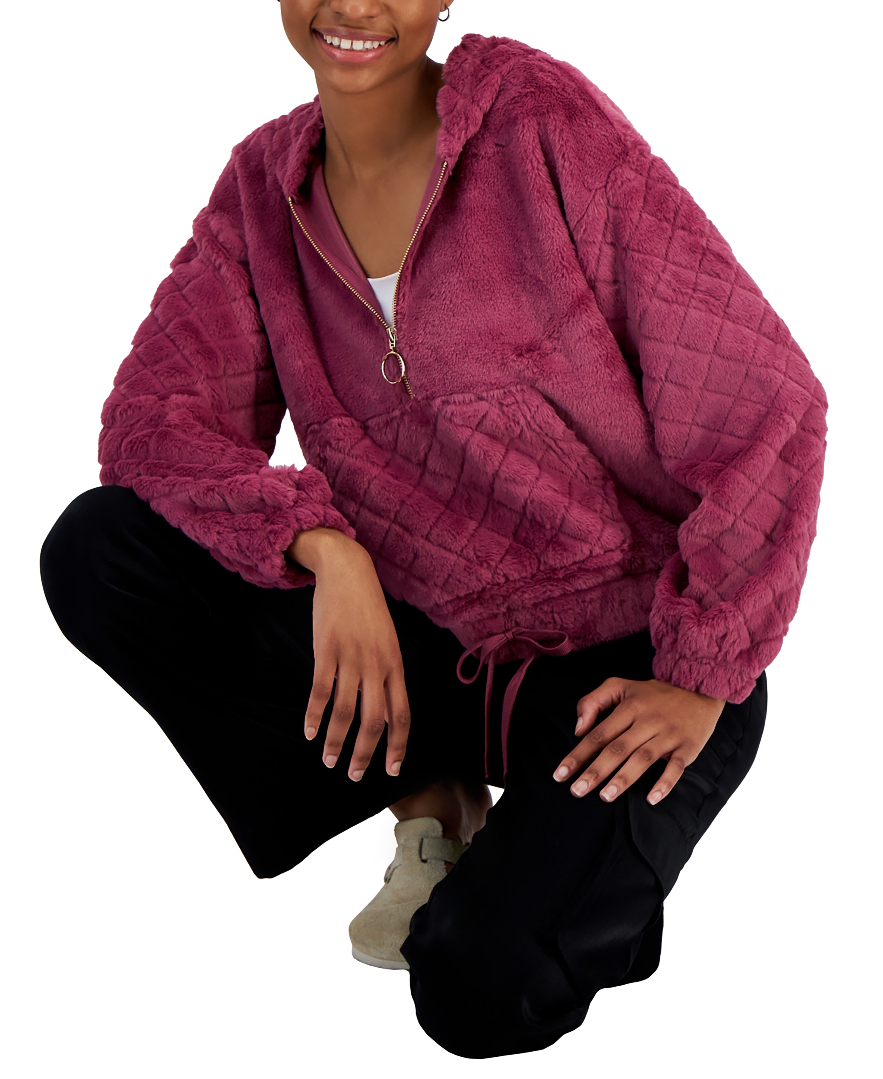Juniors' Cozy Faux-Fur Quarter-Zip Long-Sleeve Hoodie