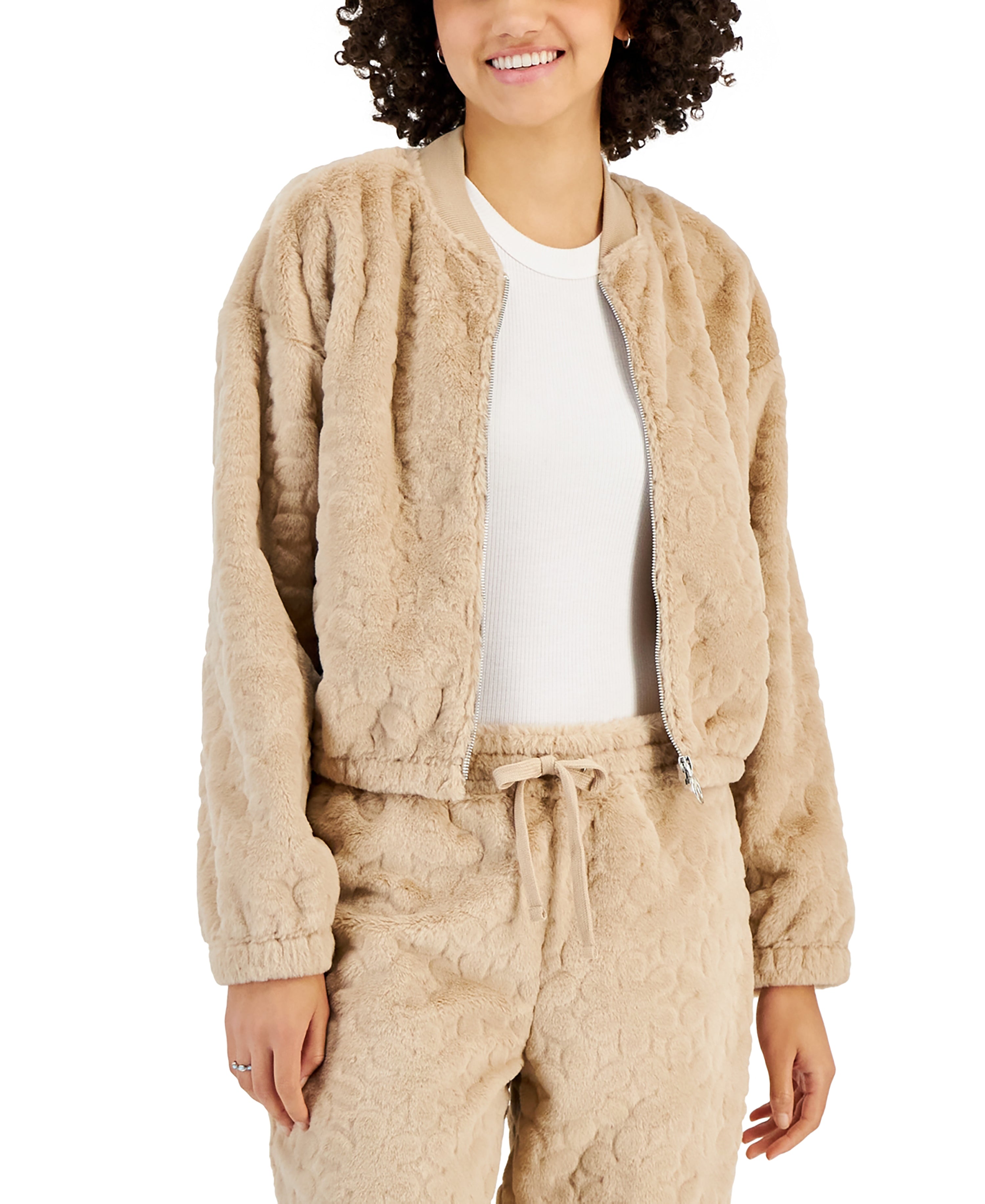 Juniors' Faux-Fur Embossed Bomber Jacket