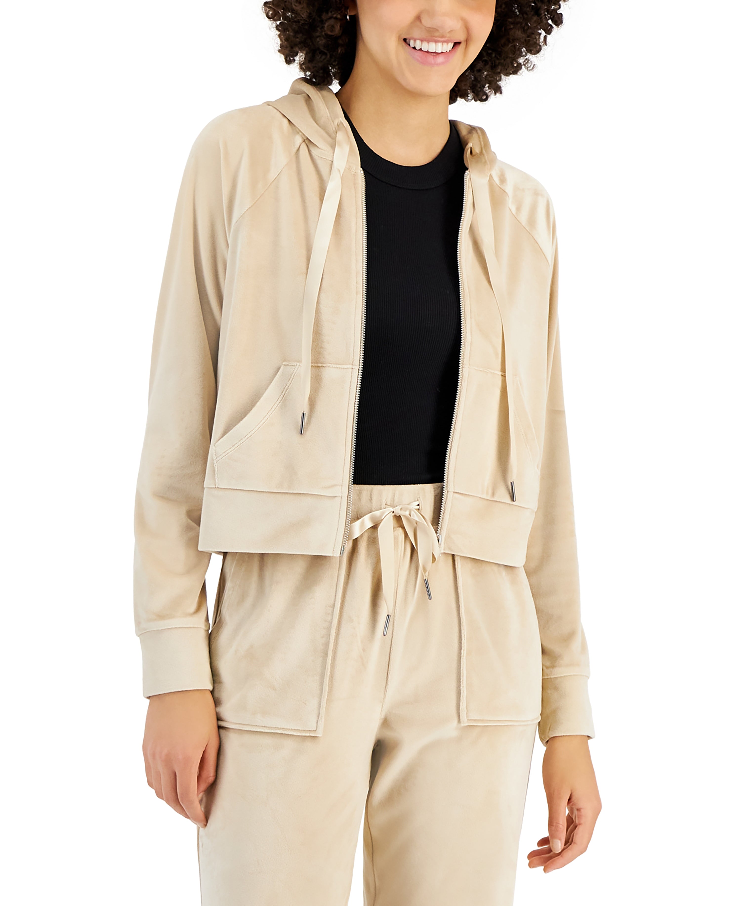 Juniors' Velour Zip-Front Raglan-Sleeve Hoodie