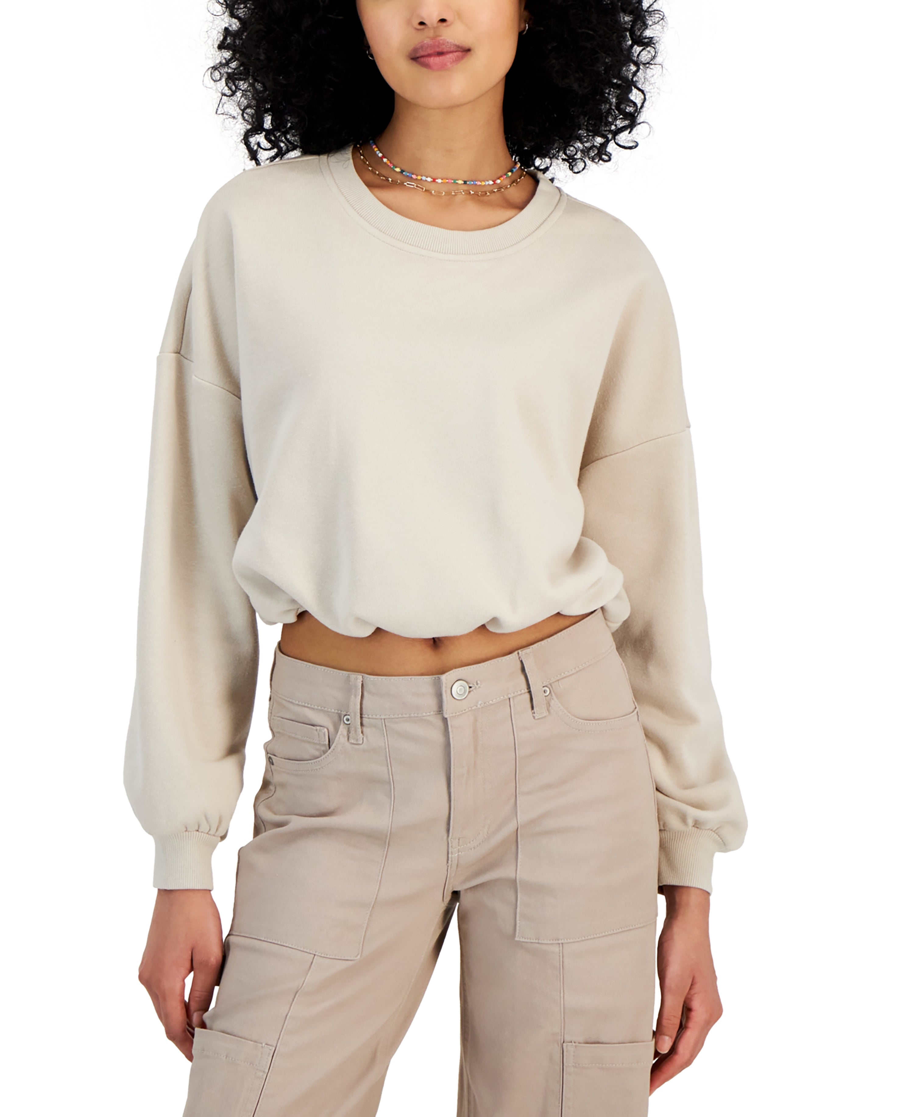 Crave Fame Juniors' Crewneck Bubble-Hem Fleece Sweatshirt