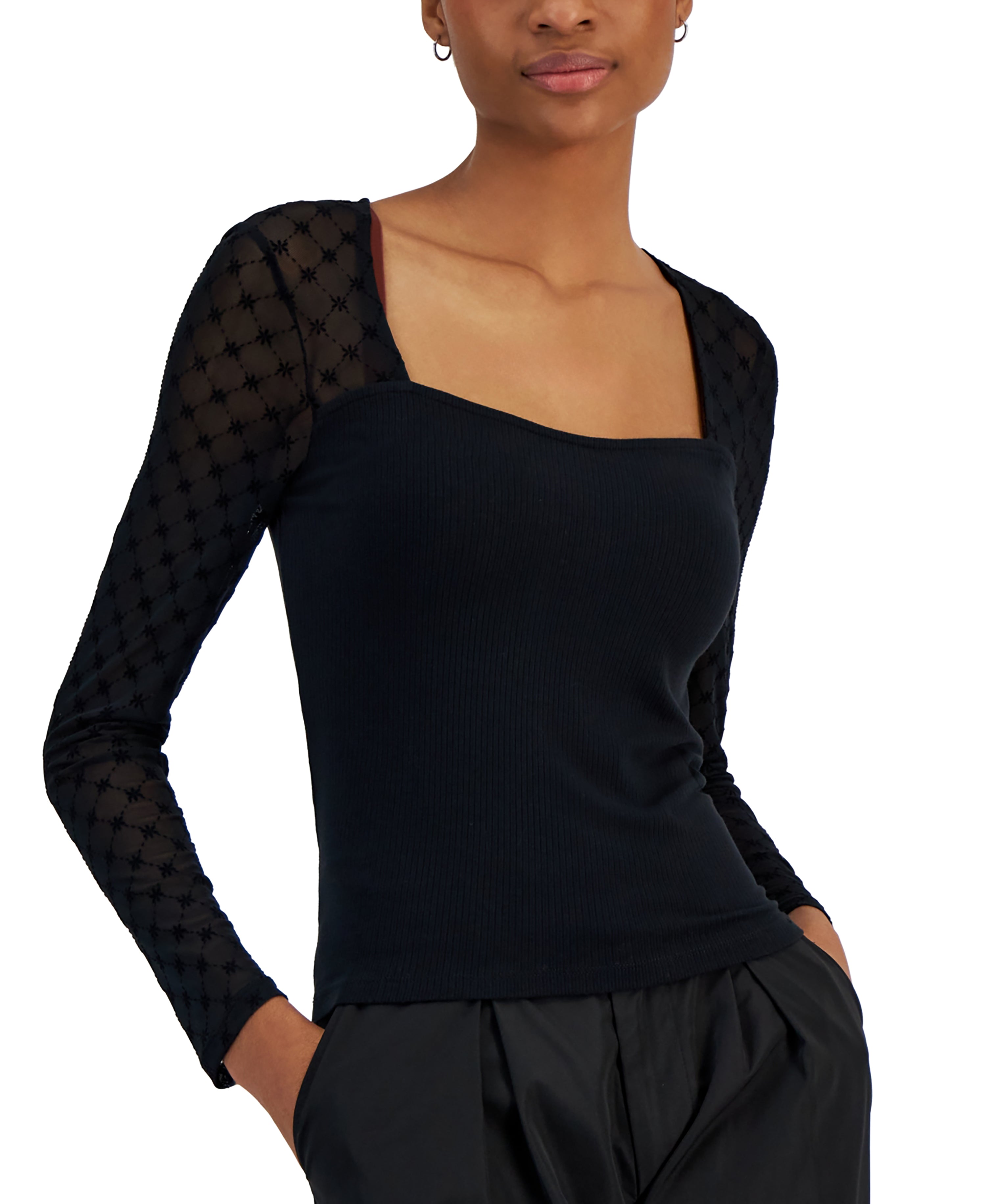 Juniors' Flocked Illusion Mesh-Sleeve Top