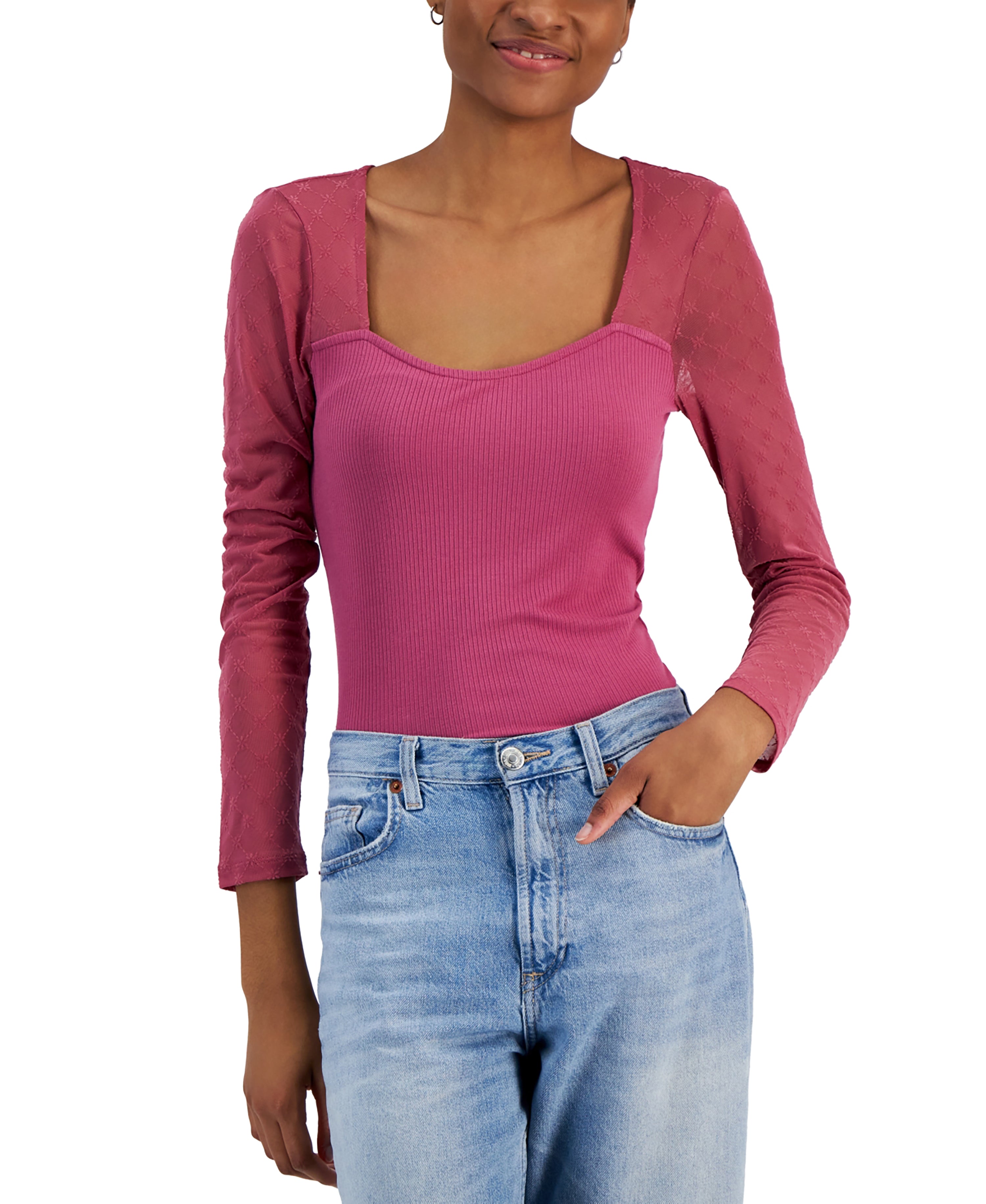 Juniors' Flocked Illusion Mesh-Sleeve Top