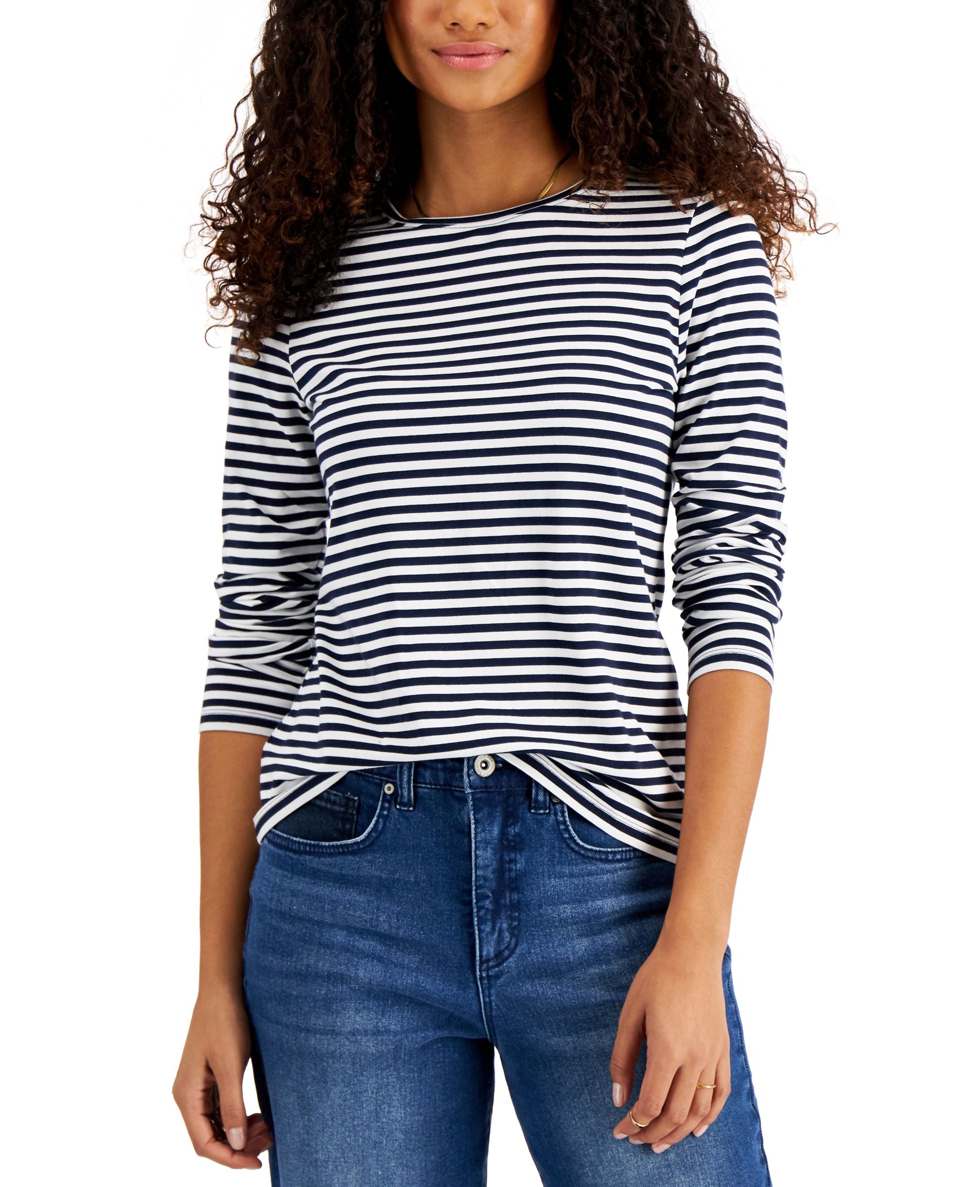 Style & Co Long Sleeve Striped Crewneck Top