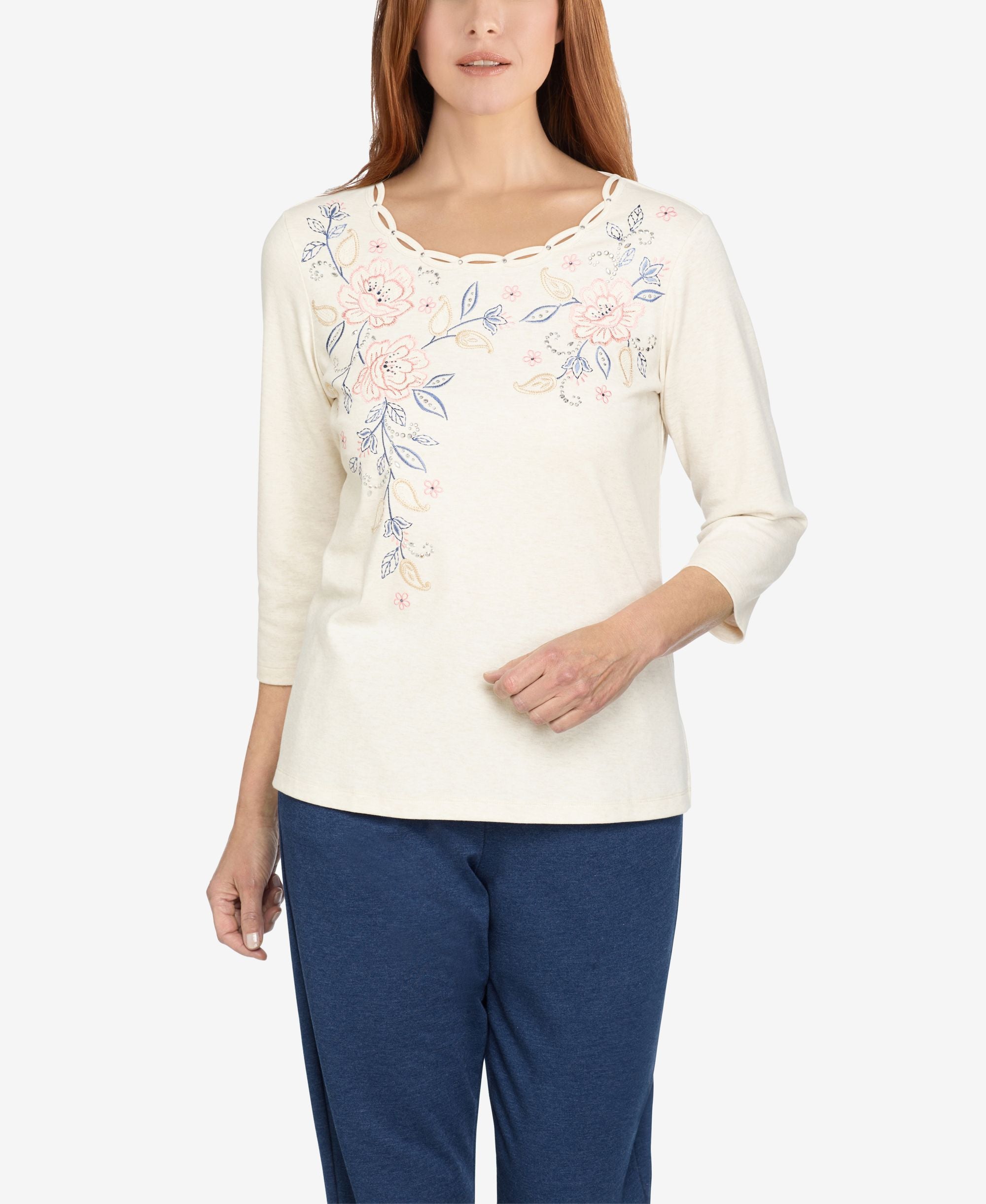 Petite Relax and Enjoy Floral Embroidered Yoke Top