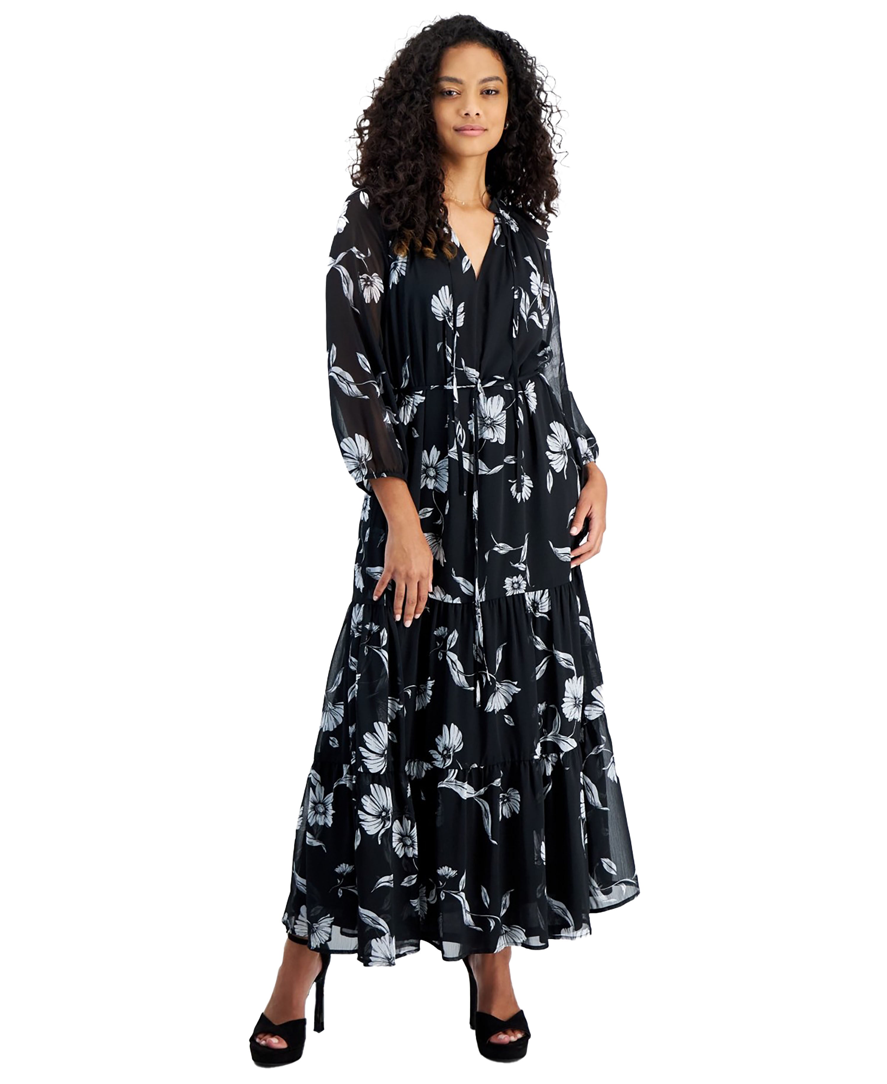 Petite Paisley-Print Tiered 3/4-Sleeve Maxi Dress
