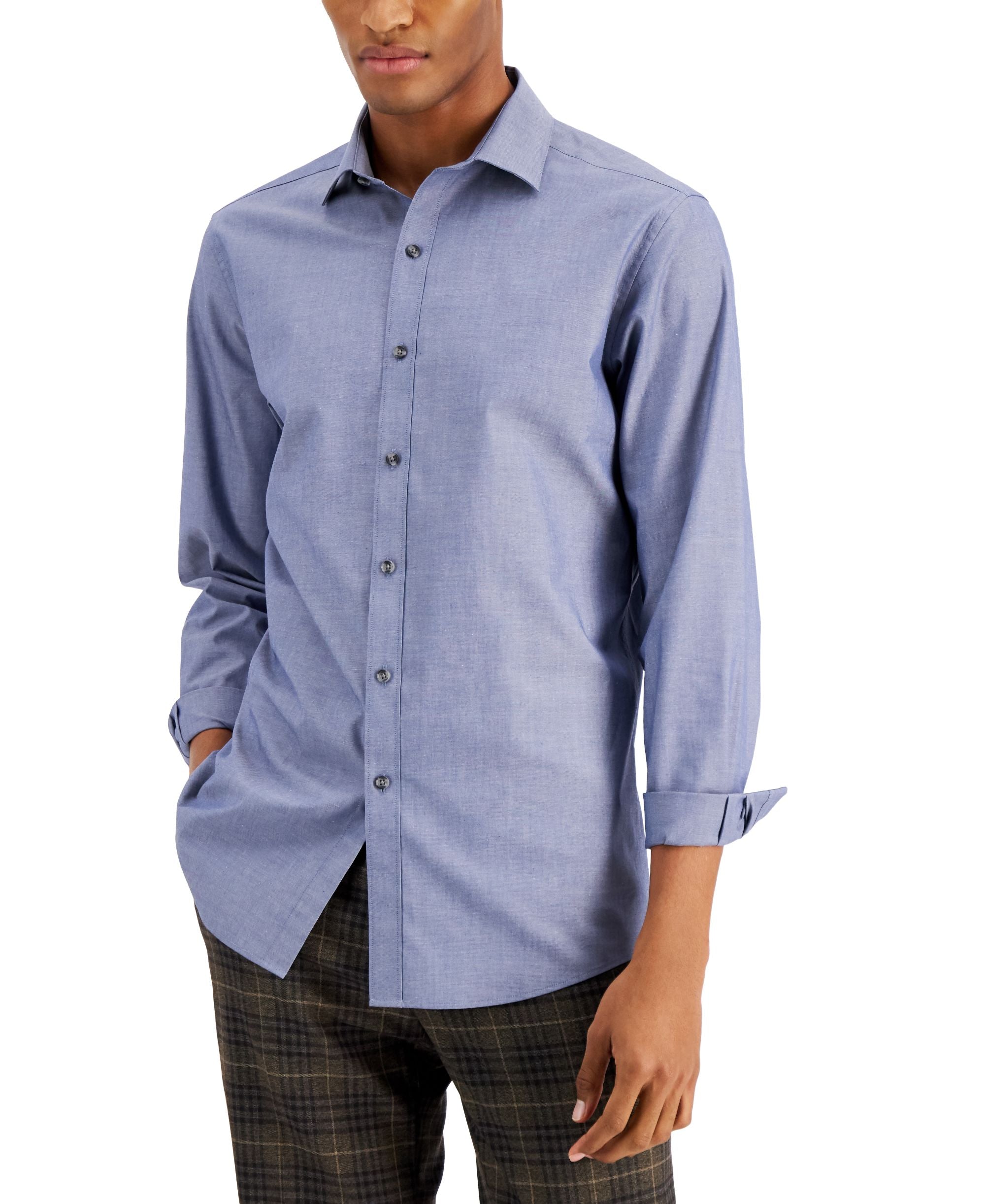 Bar III Mens Slim Fit Performance Stretch Solid Chambray Dress Shirt