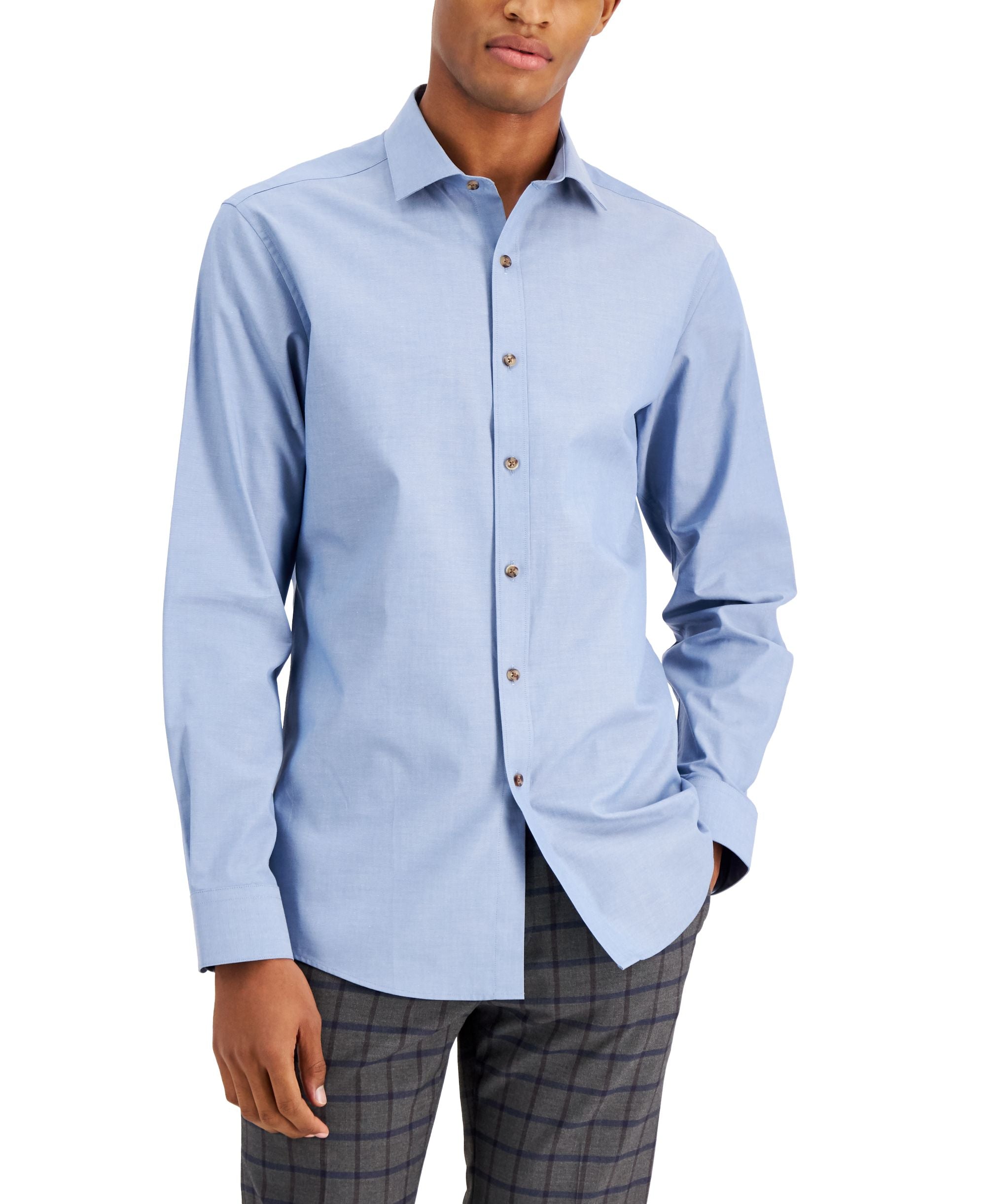 Bar III Mens Slim Fit Performance Stretch Solid Chambray Dress Shirt
