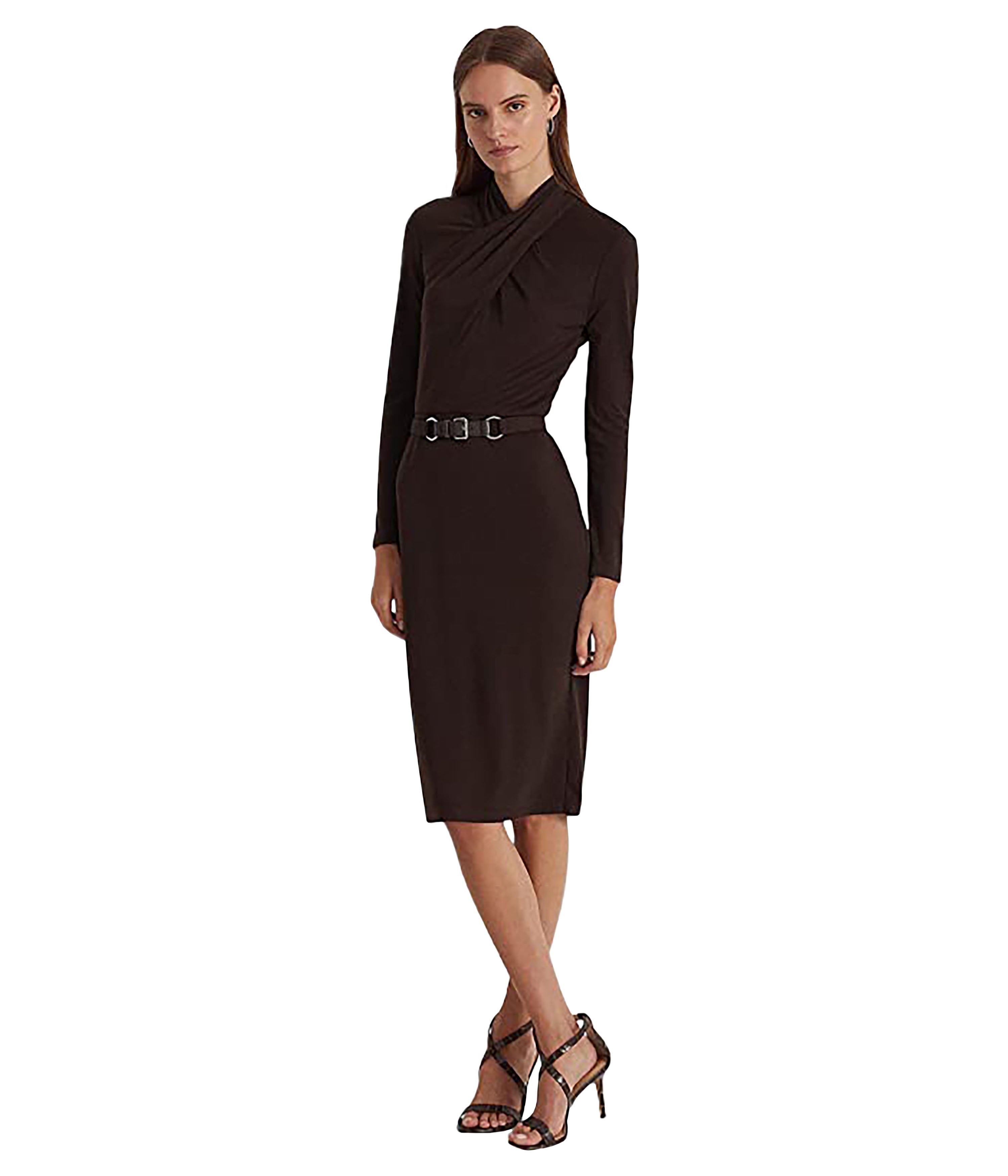 Women's Belted Mockneck Long-Sleeve Stretch Jersey Dress
