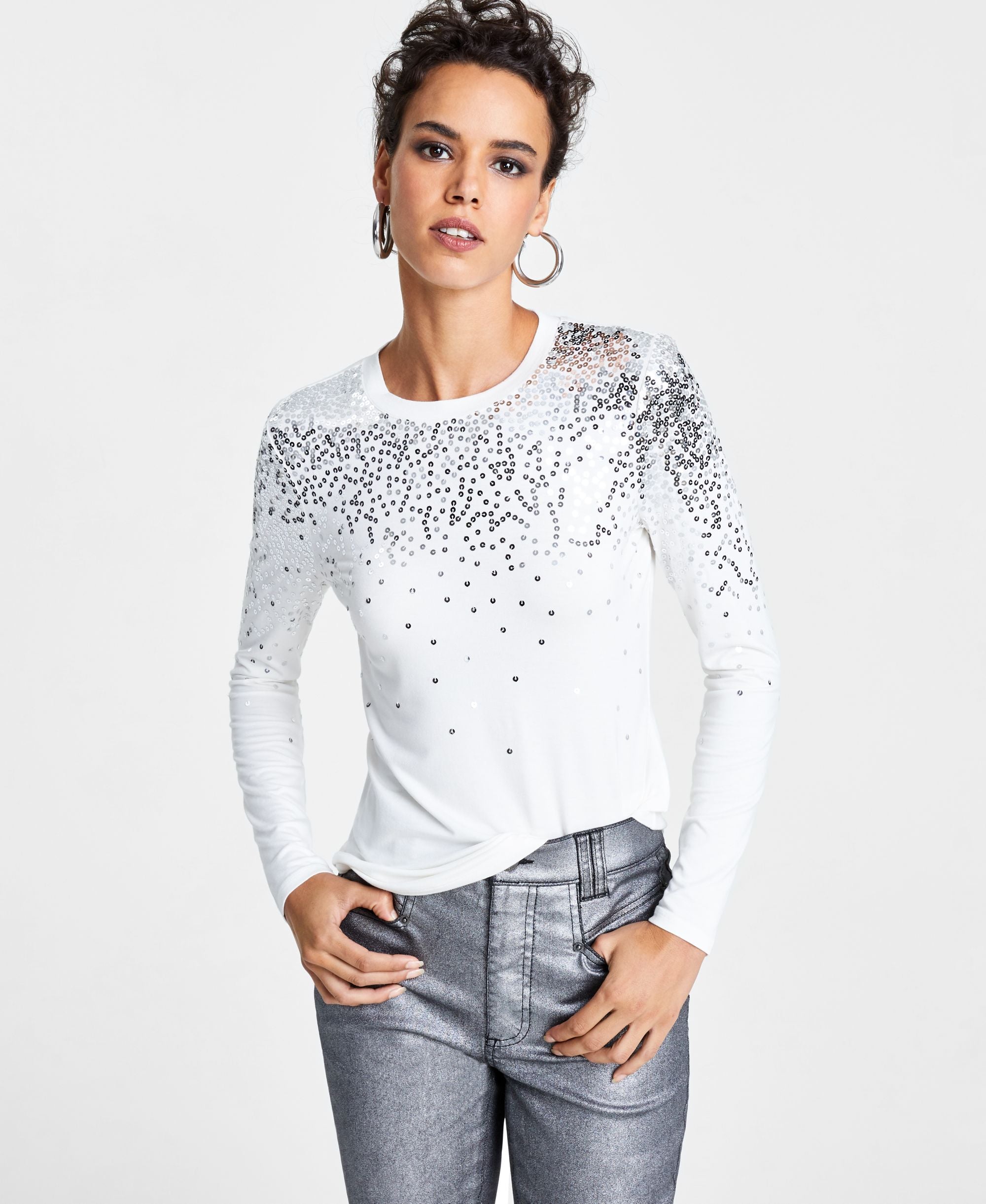 International Concepts Womens Long Sleeve Sequin Top