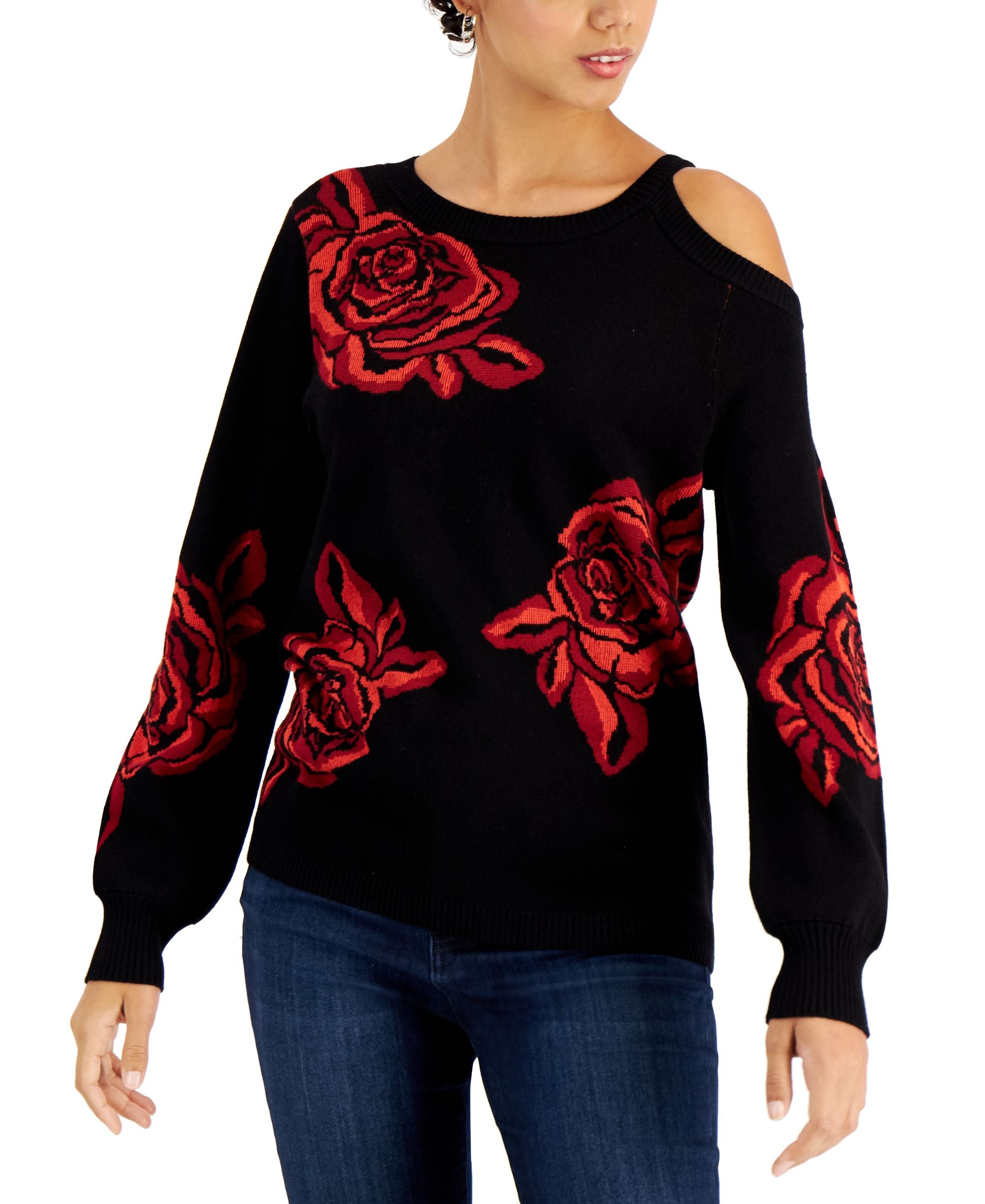 Willow Drive Floral Print One Cold Shoulder Sweater