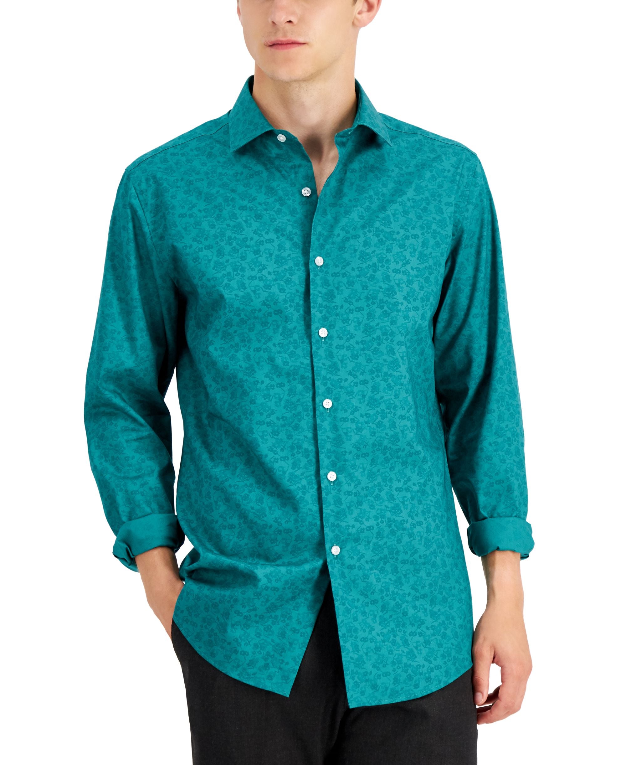 Bar III Mens Slim Flit Floral Stretch Dress Shirt