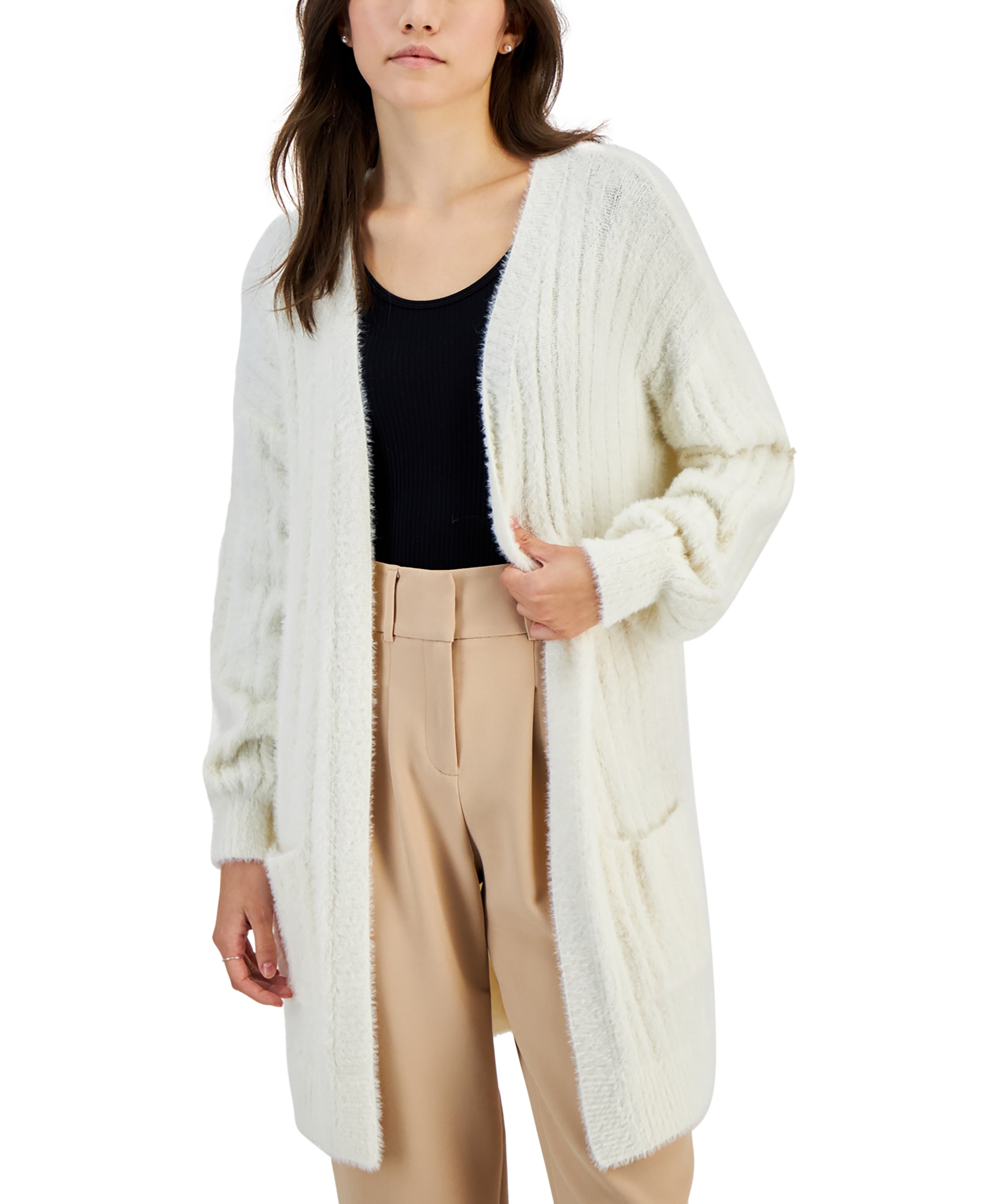 Juniors' Eyelash Ribbed Open-Front Cardigan