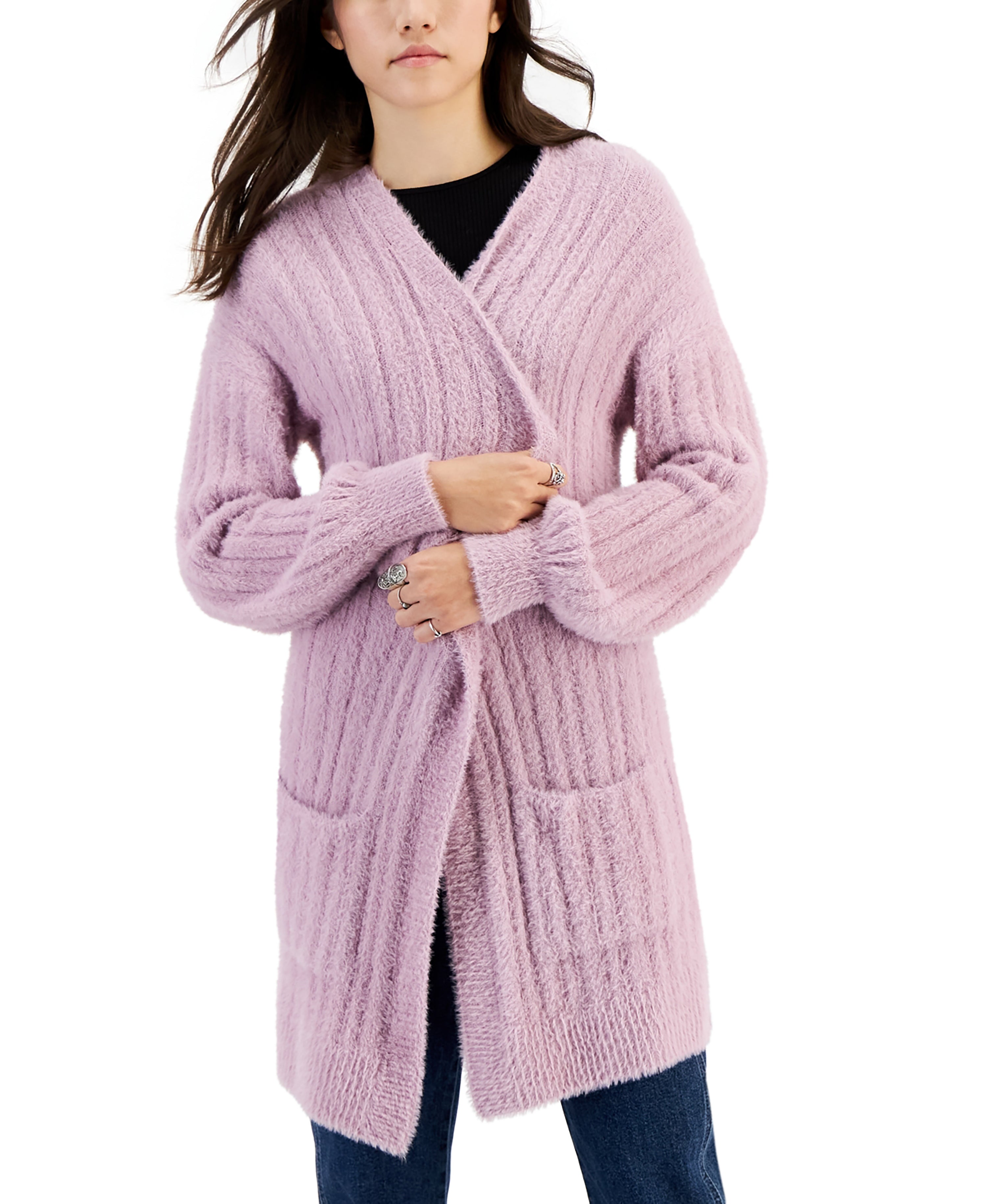 Juniors' Eyelash Ribbed Open-Front Cardigan