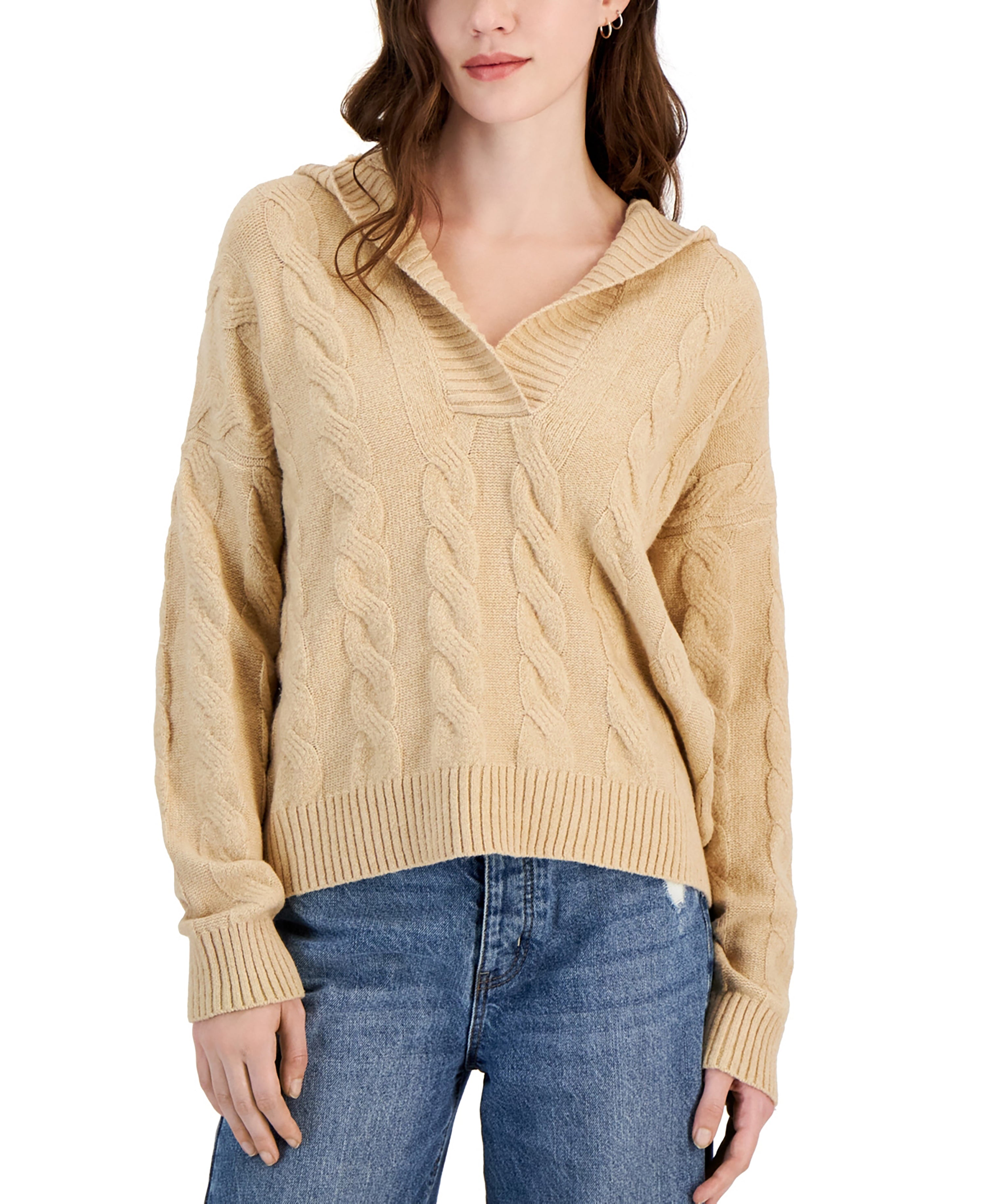 Juniors' Cable-Knit Hoodie Sweater