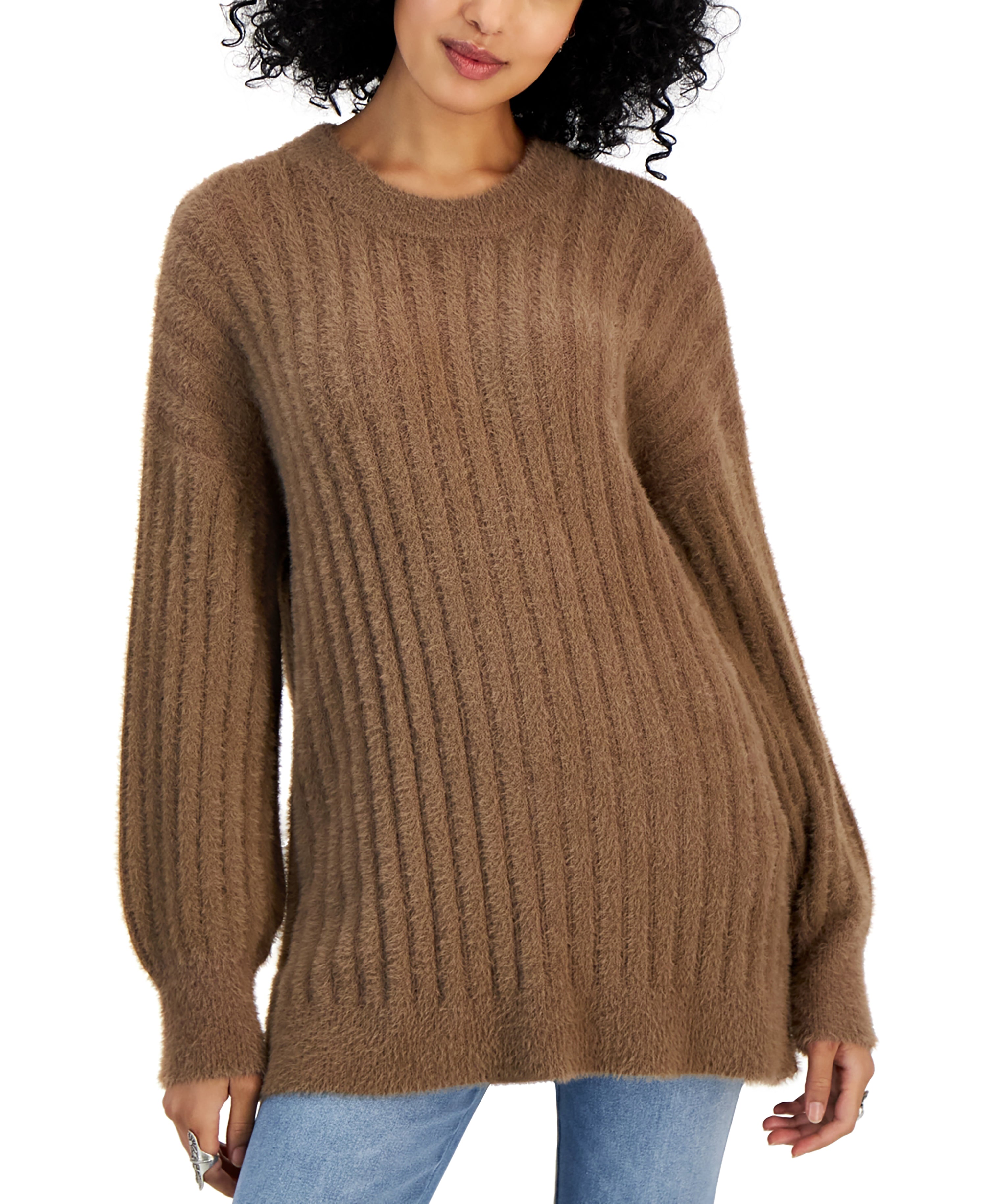 Juniors' Ribbed-Knit Eyelash Tunic Sweater